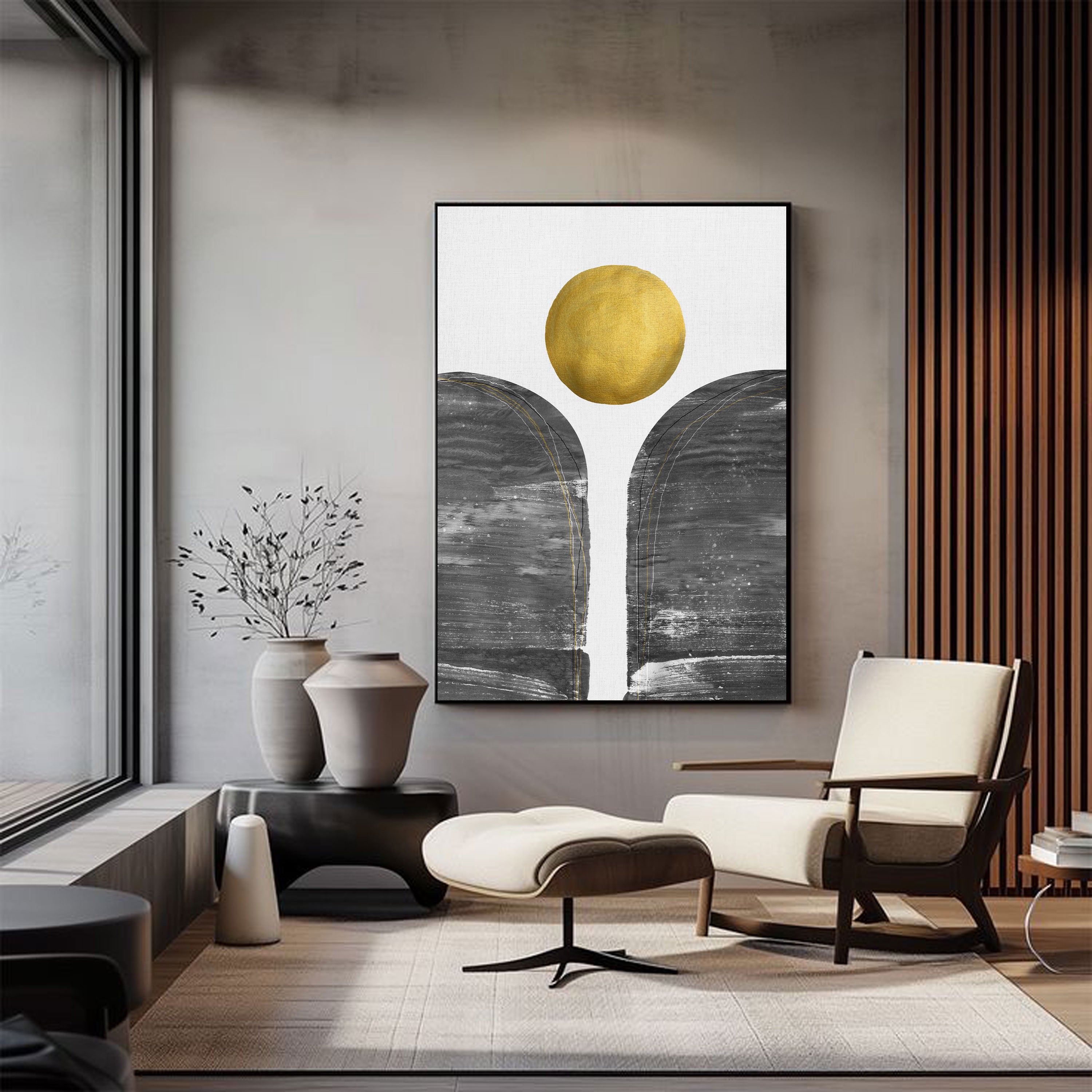 Minimalist Abstract Sun Over Horizon | Black & Gold Modern Wall Art by Krutik.