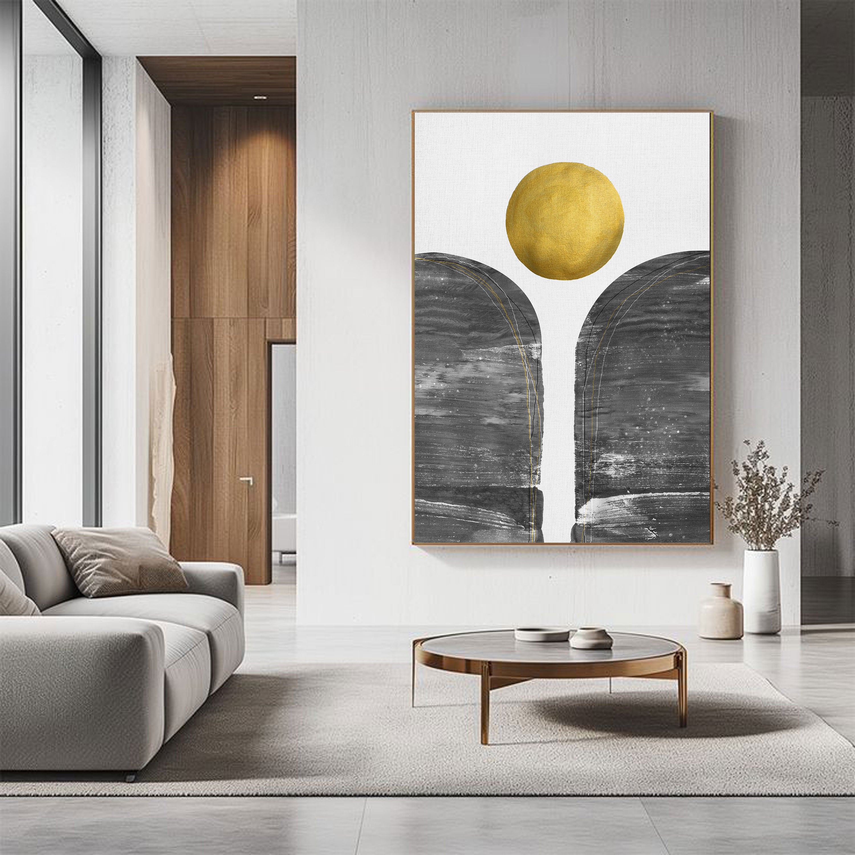 Minimalist Abstract Sun Over Horizon | Black & Gold Modern Wall Art by Krutik.