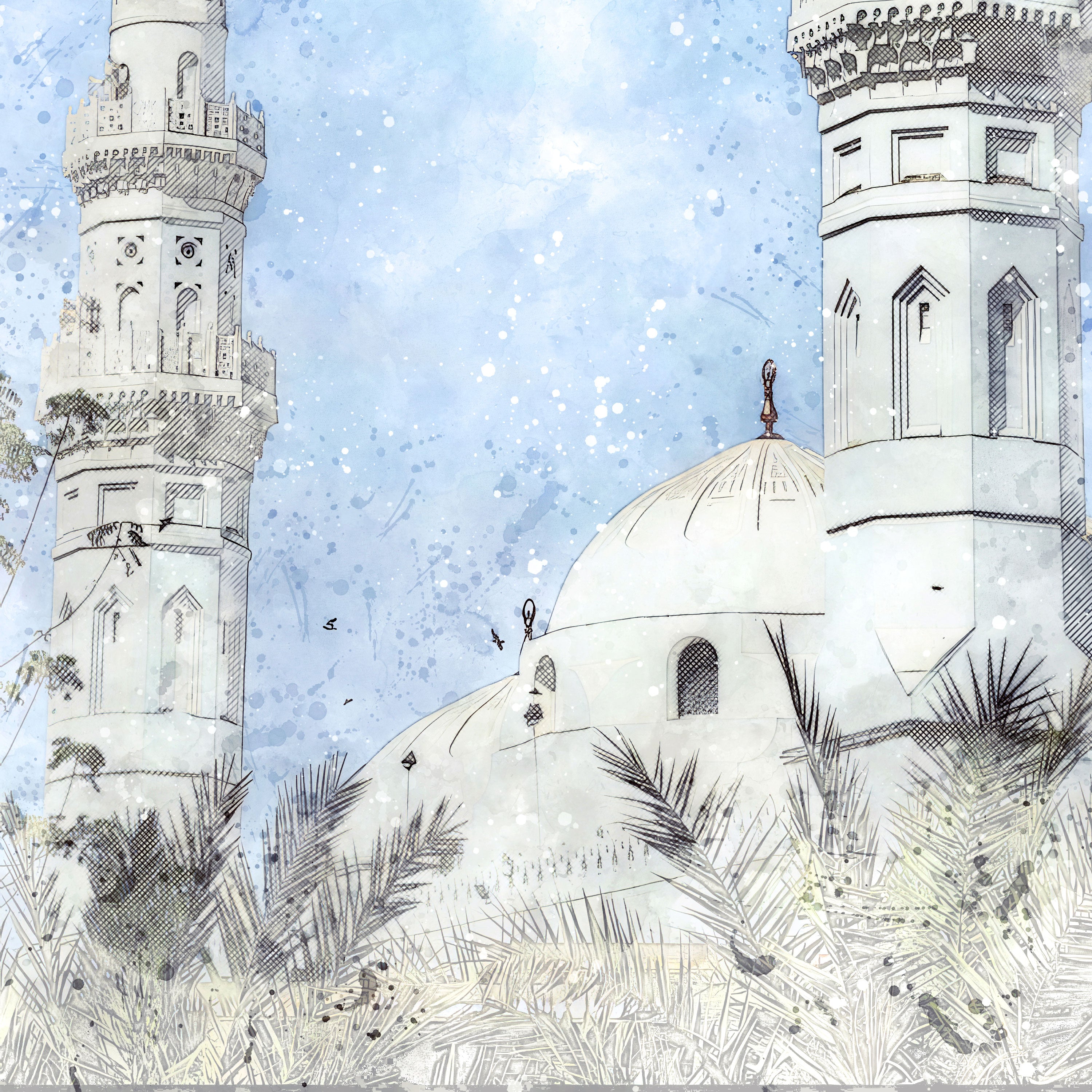 Serene Minarets – Watercolor Mosque Wall Art.