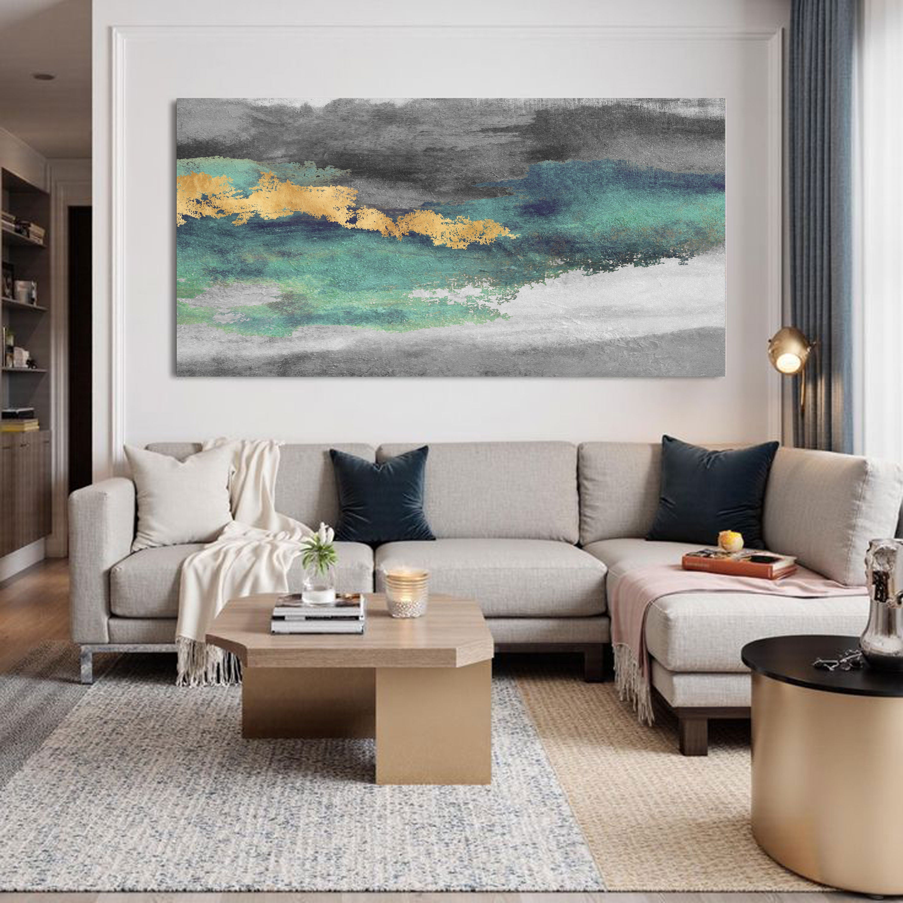 Emerald Drift – Abstract Ocean-Inspired Canvas Wall Art with Gold Accents | Modern Coastal Decor by Krutik.