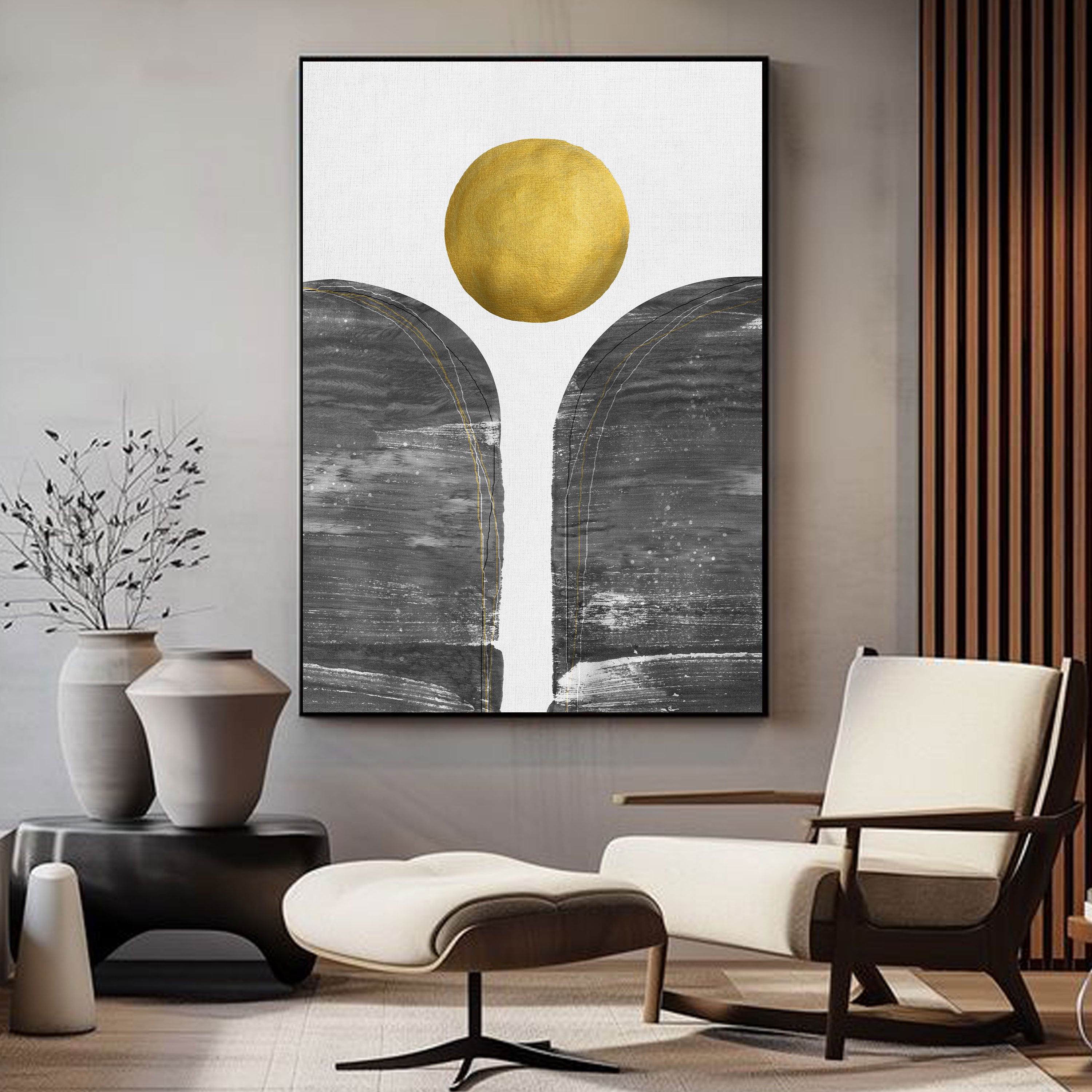 Minimalist Abstract Sun Over Horizon | Black & Gold Modern Wall Art by Krutik.