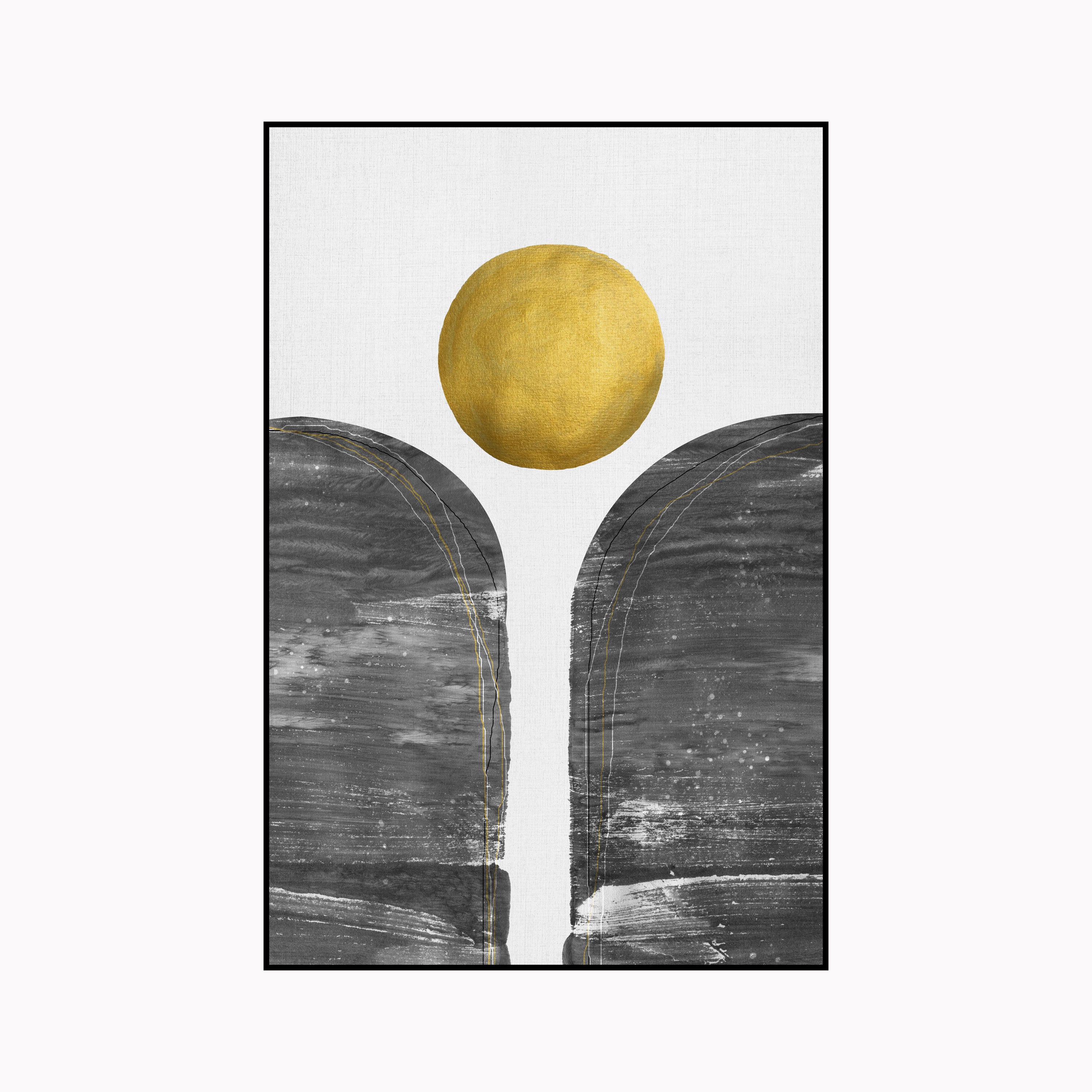 Minimalist Abstract Sun Over Horizon | Black & Gold Modern Wall Art by Krutik.