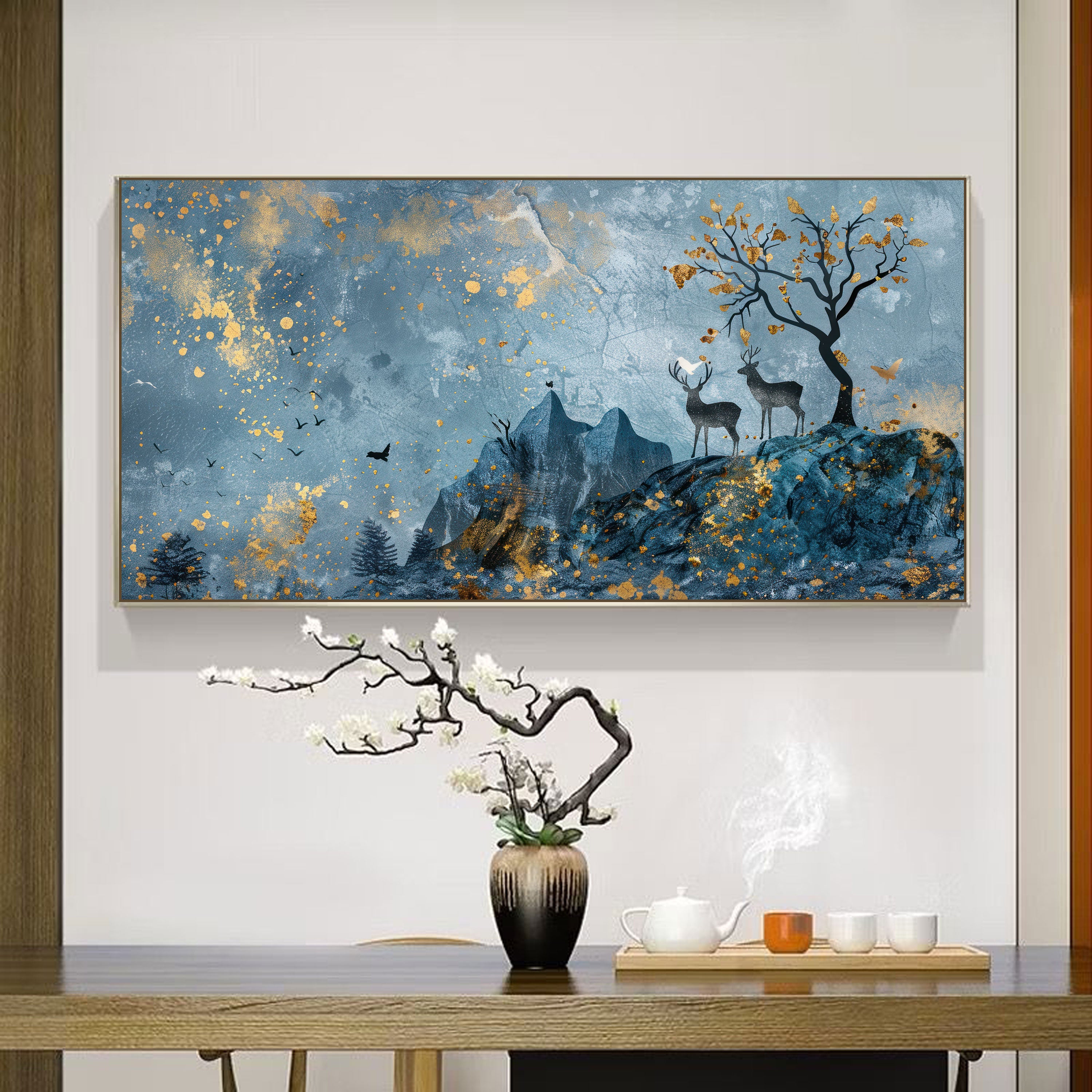 Twilight Peaks – Enchanted Deer Landscape Wall Art by Krutik.