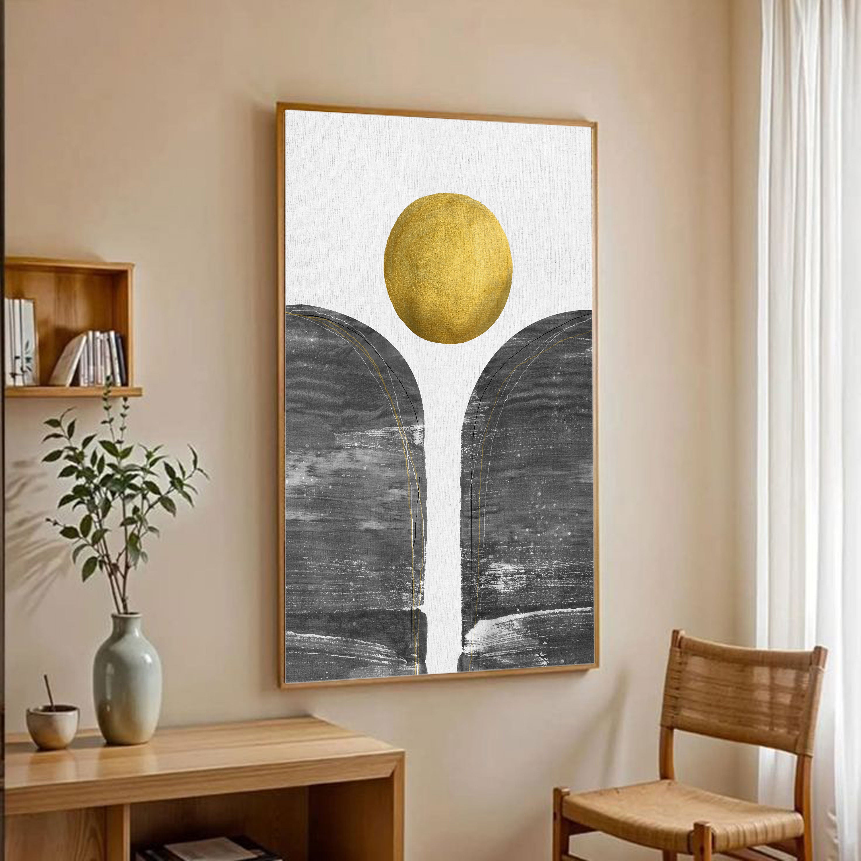 Minimalist Abstract Sun Over Horizon | Black & Gold Modern Wall Art by Krutik.