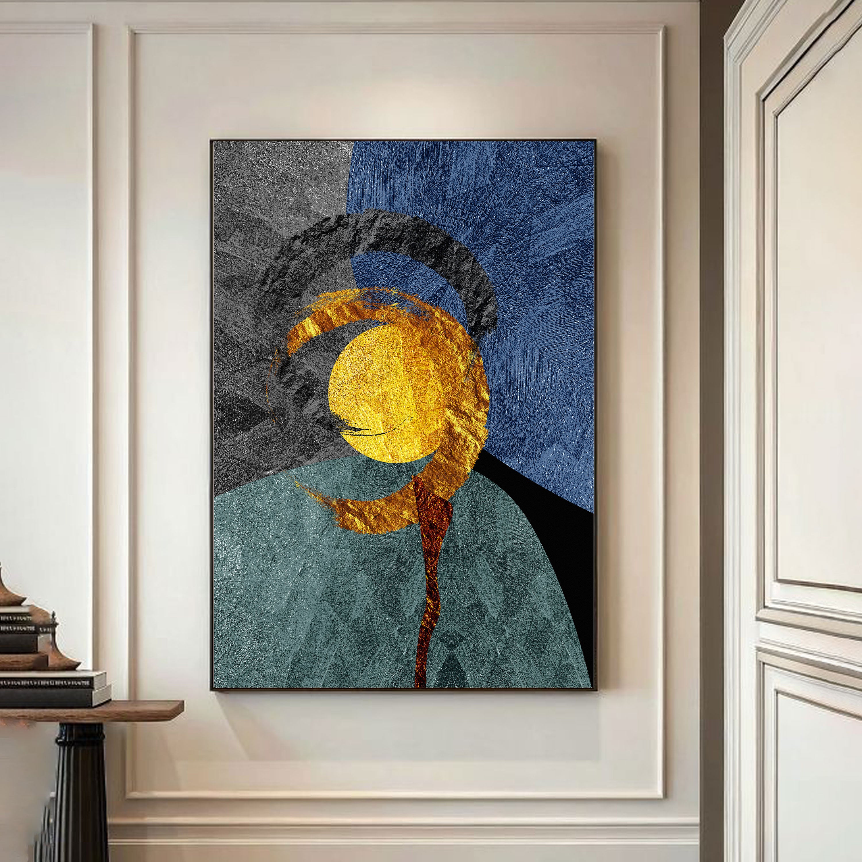 Cosmic Swirl – Abstract Modern Texture Art with Golden Sun & Dynamic Motion by Krutik.