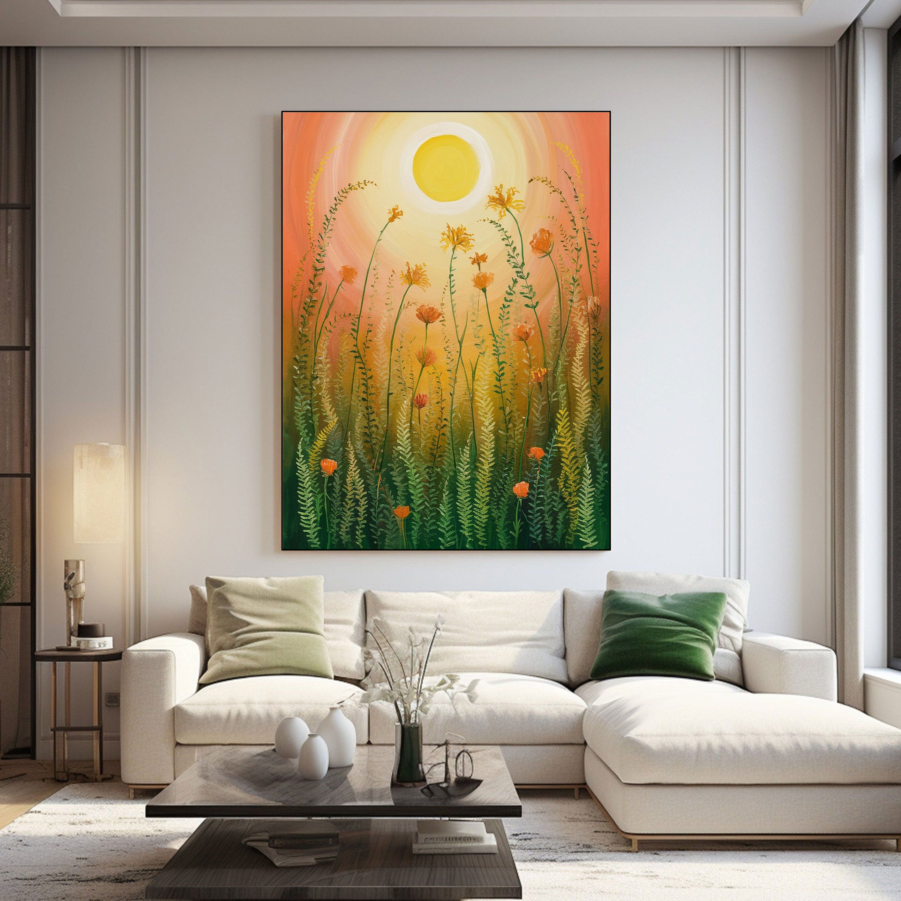 Golden Sunrise Meadow – Warm Floral Nature Painting by Krutik.