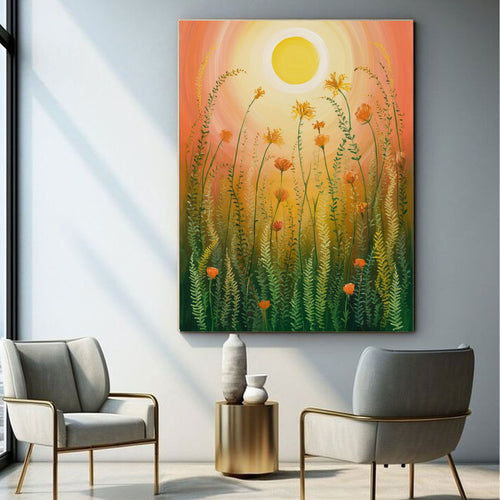 Golden Sunrise Meadow – Warm Floral Nature Painting by Krutik.