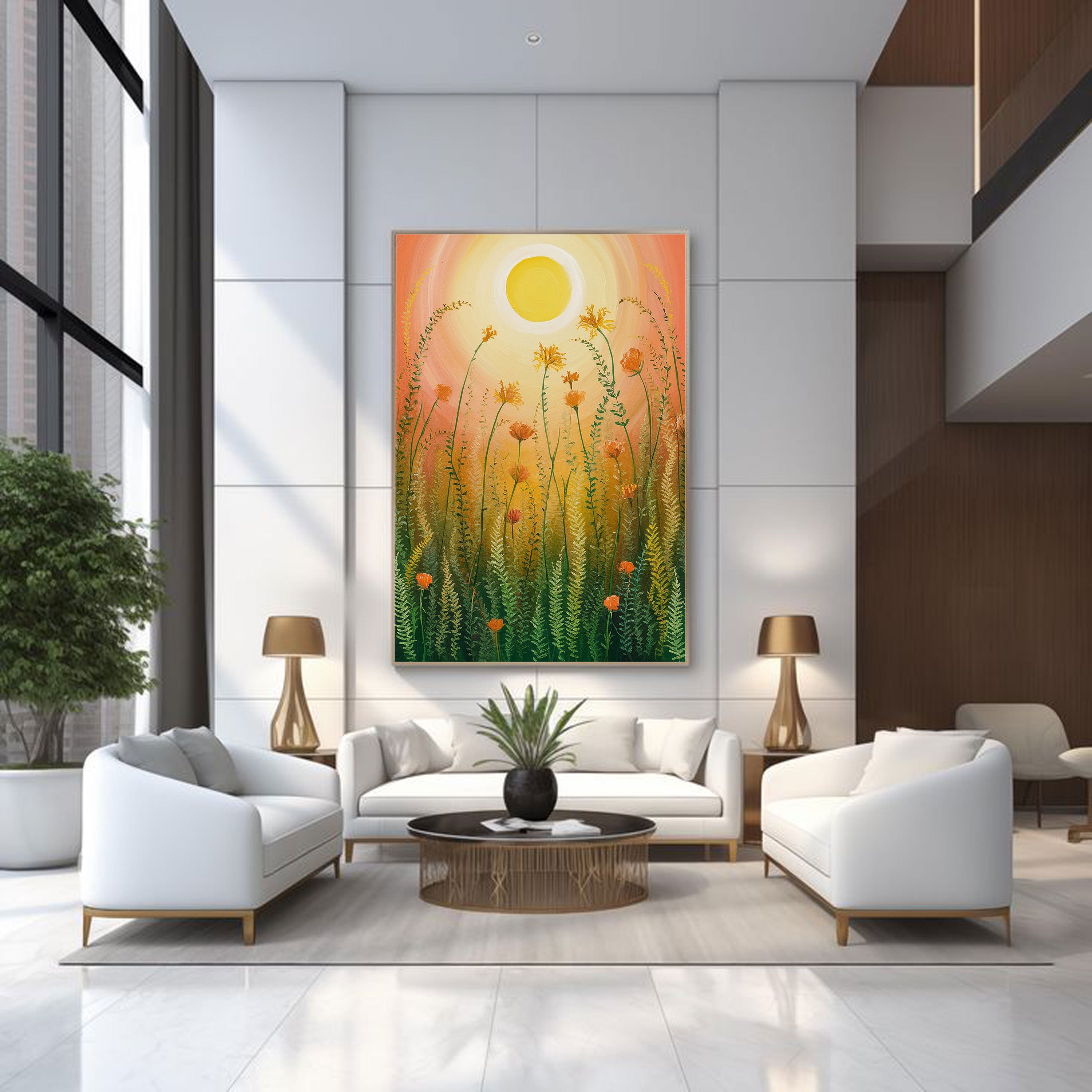 Golden Sunrise Meadow – Warm Floral Nature Painting by Krutik.
