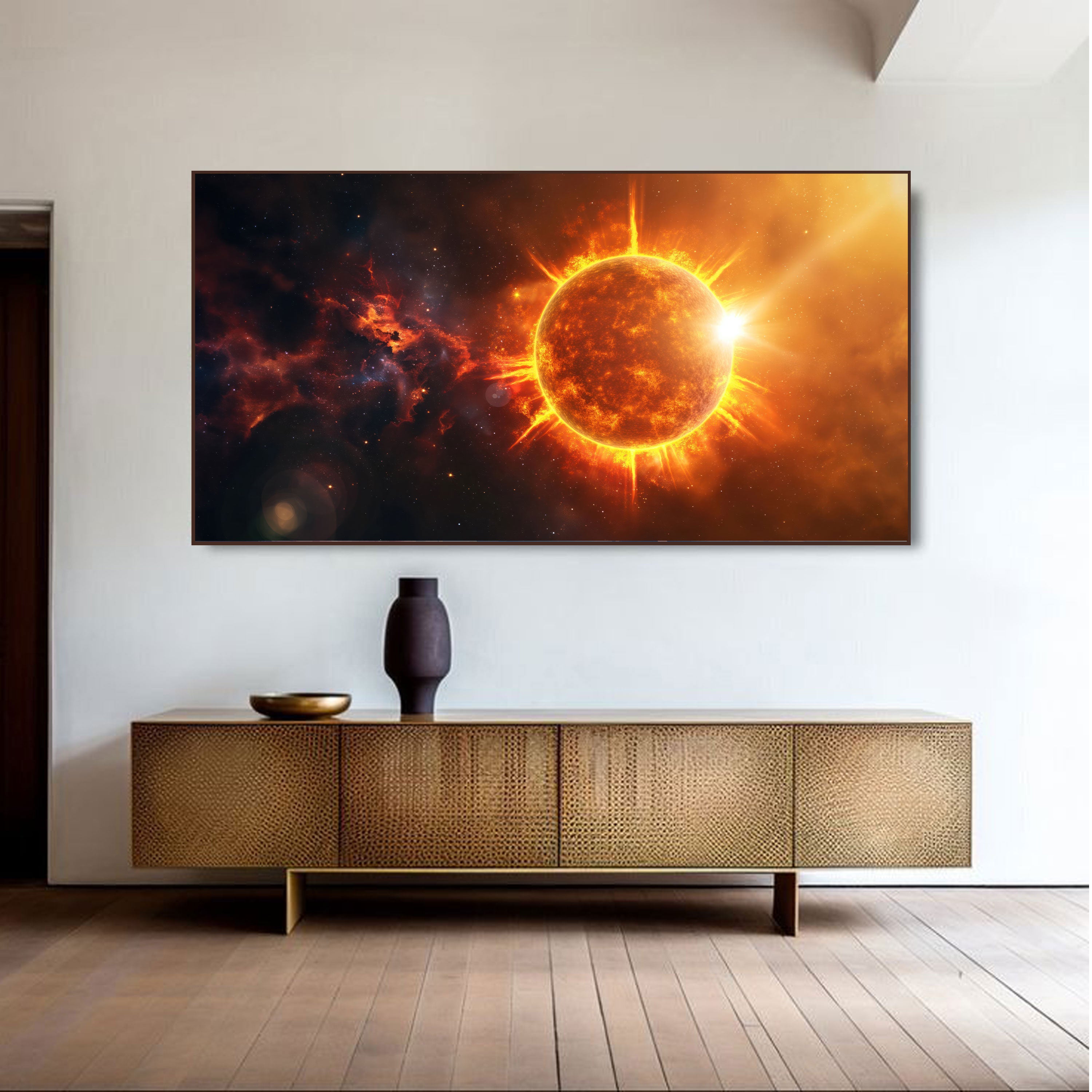 Fiery Cosmic Sun Wall Art | Astronomical Space Print with Solar Flare Explosion by Krutik.