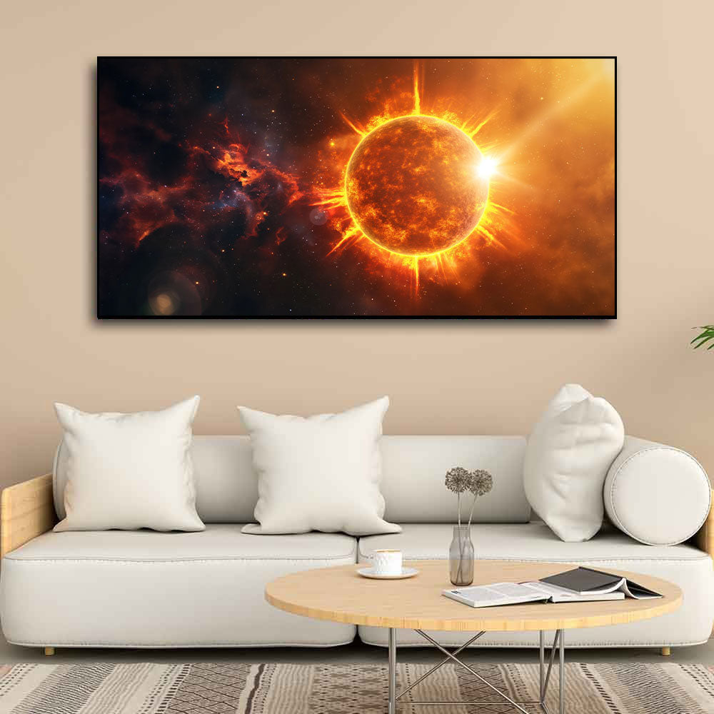 Fiery Cosmic Sun Wall Art | Astronomical Space Print with Solar Flare Explosion by Krutik.