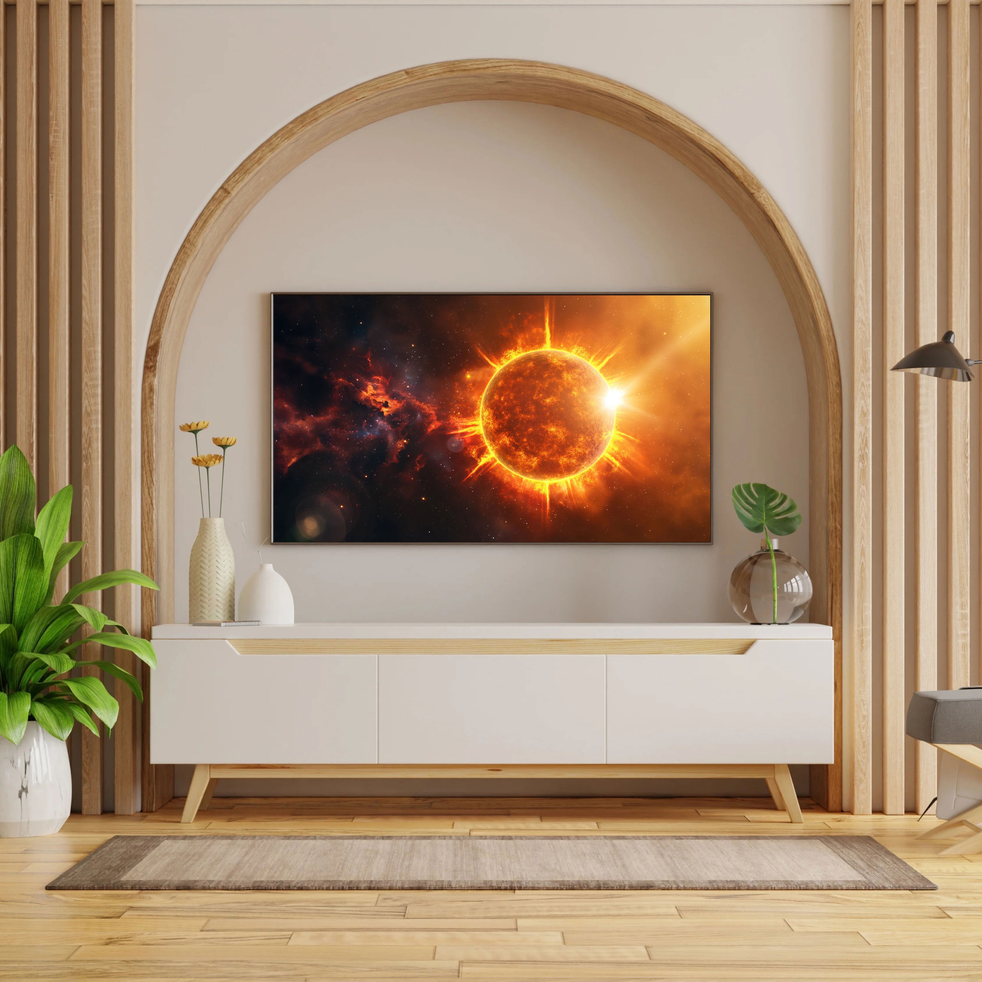 Fiery Cosmic Sun Wall Art | Astronomical Space Print with Solar Flare Explosion by Krutik.