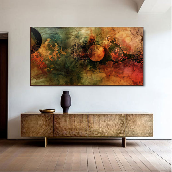 Cosmic Fusion – Dark Abstract Universe Art | Fiery Planet-Inspired Canvas Wall Decor by Krutik.