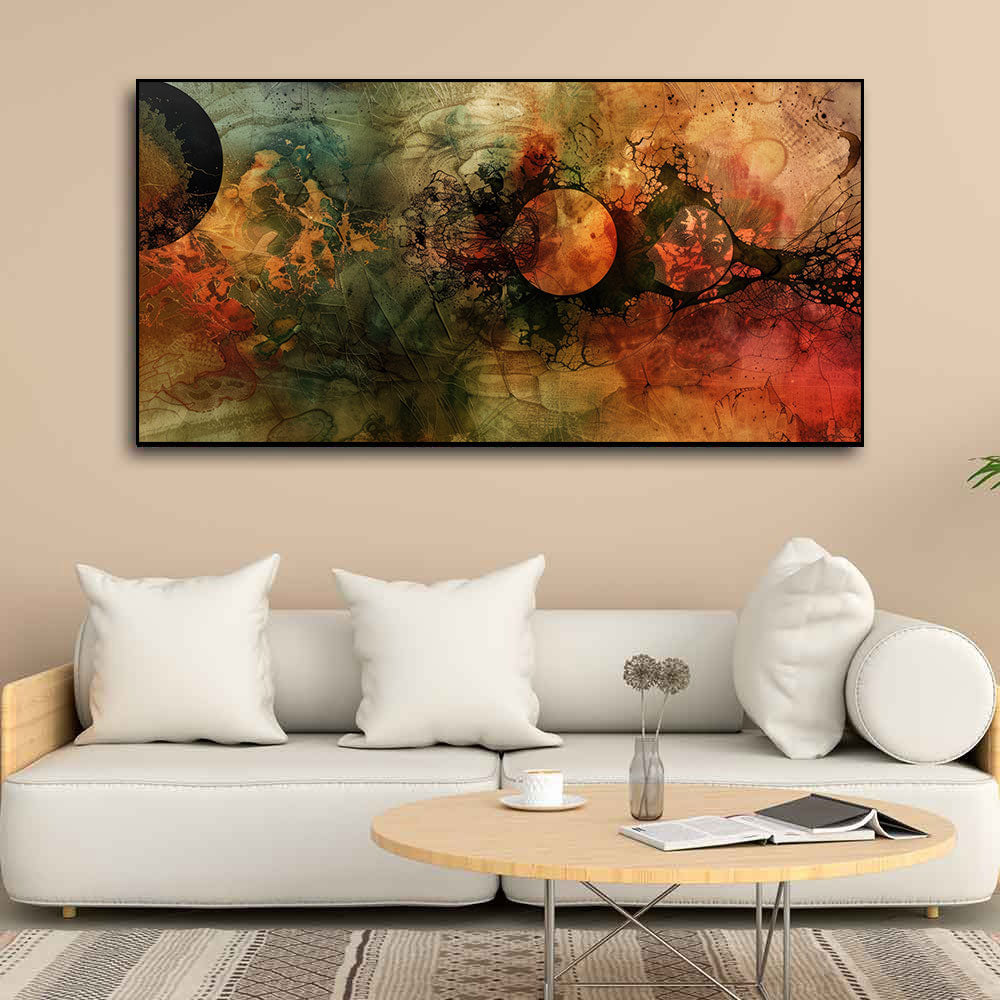 Cosmic Fusion – Dark Abstract Universe Art | Fiery Planet-Inspired Canvas Wall Decor by Krutik.