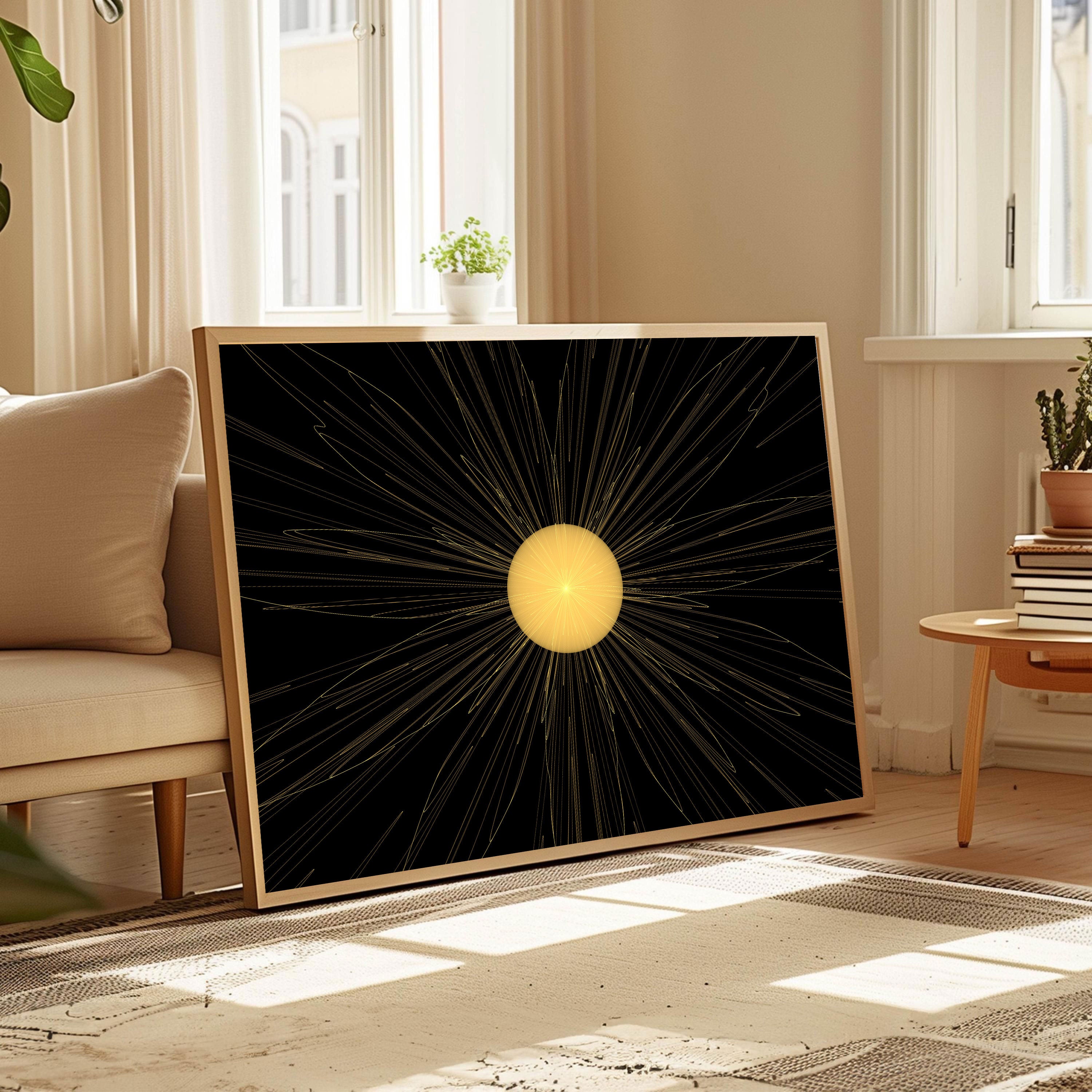 Celestial Radiance – Abstract Sunburst Art on Black | Cosmic Glow Wall Decor by Krutik.