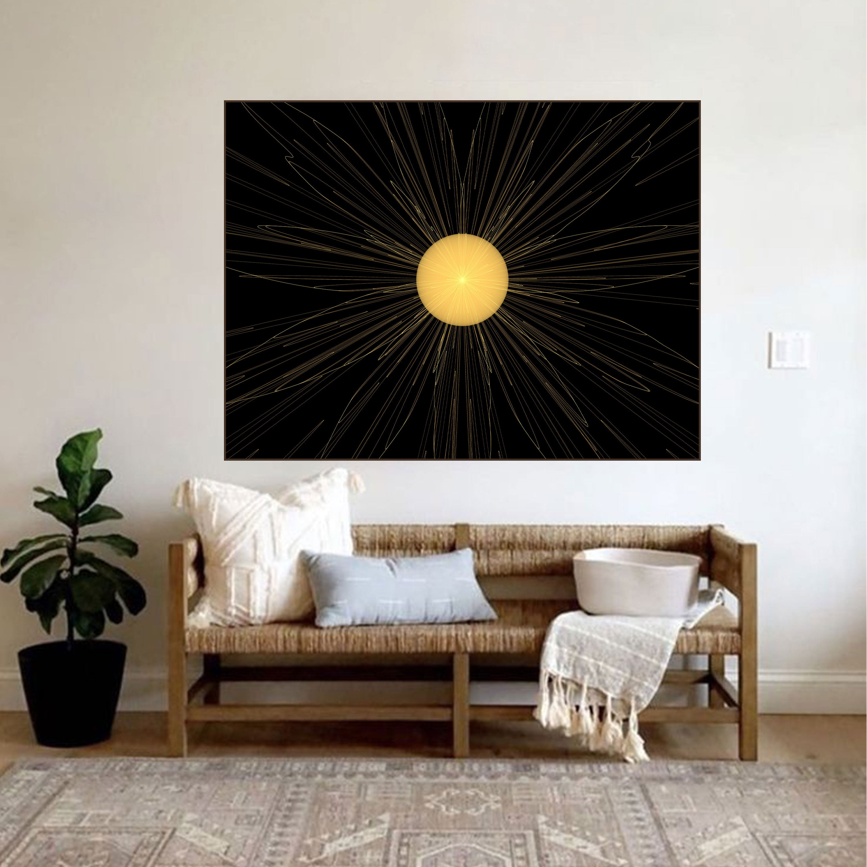 Celestial Radiance – Abstract Sunburst Art on Black | Cosmic Glow Wall Decor by Krutik.