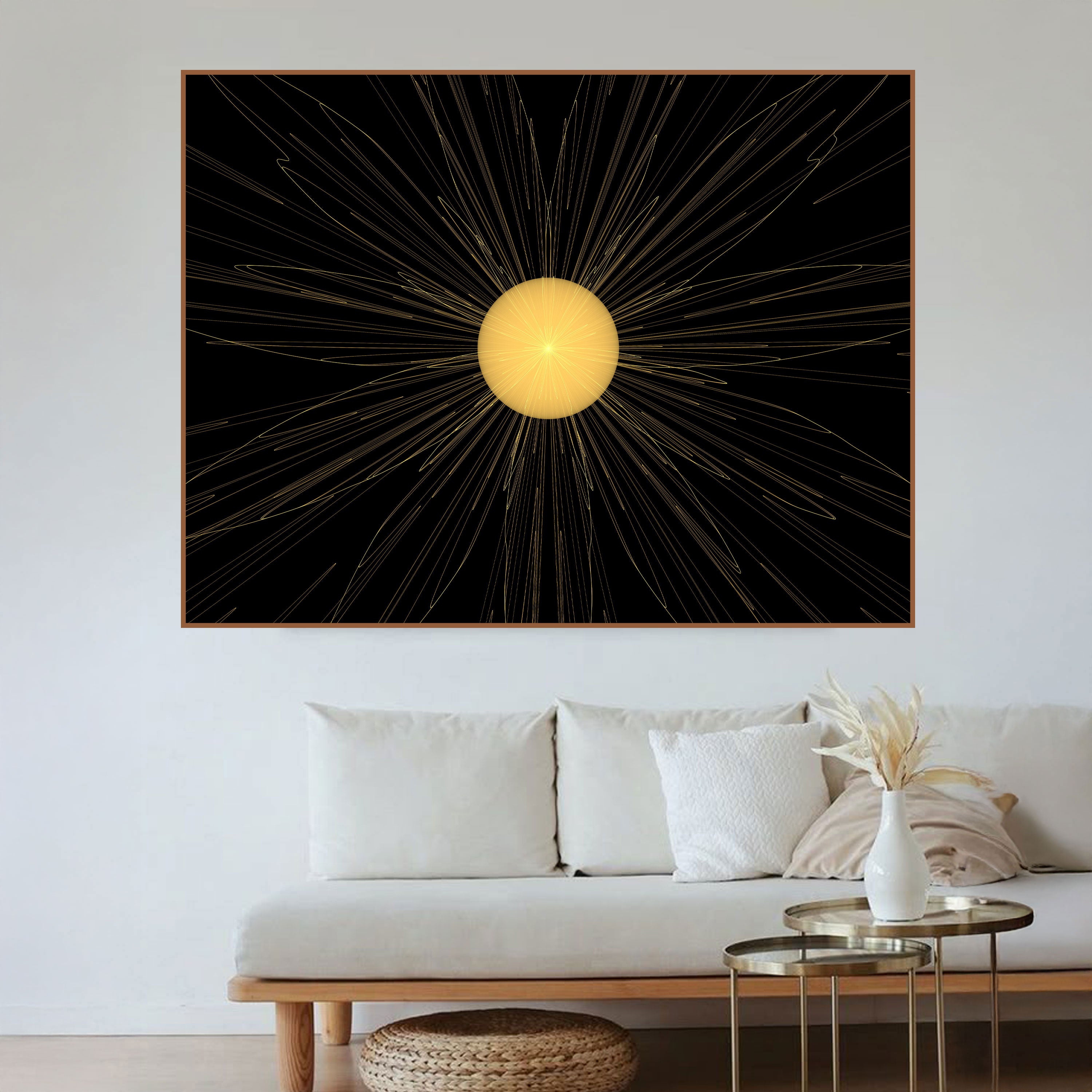 Celestial Radiance – Abstract Sunburst Art on Black | Cosmic Glow Wall Decor by Krutik.