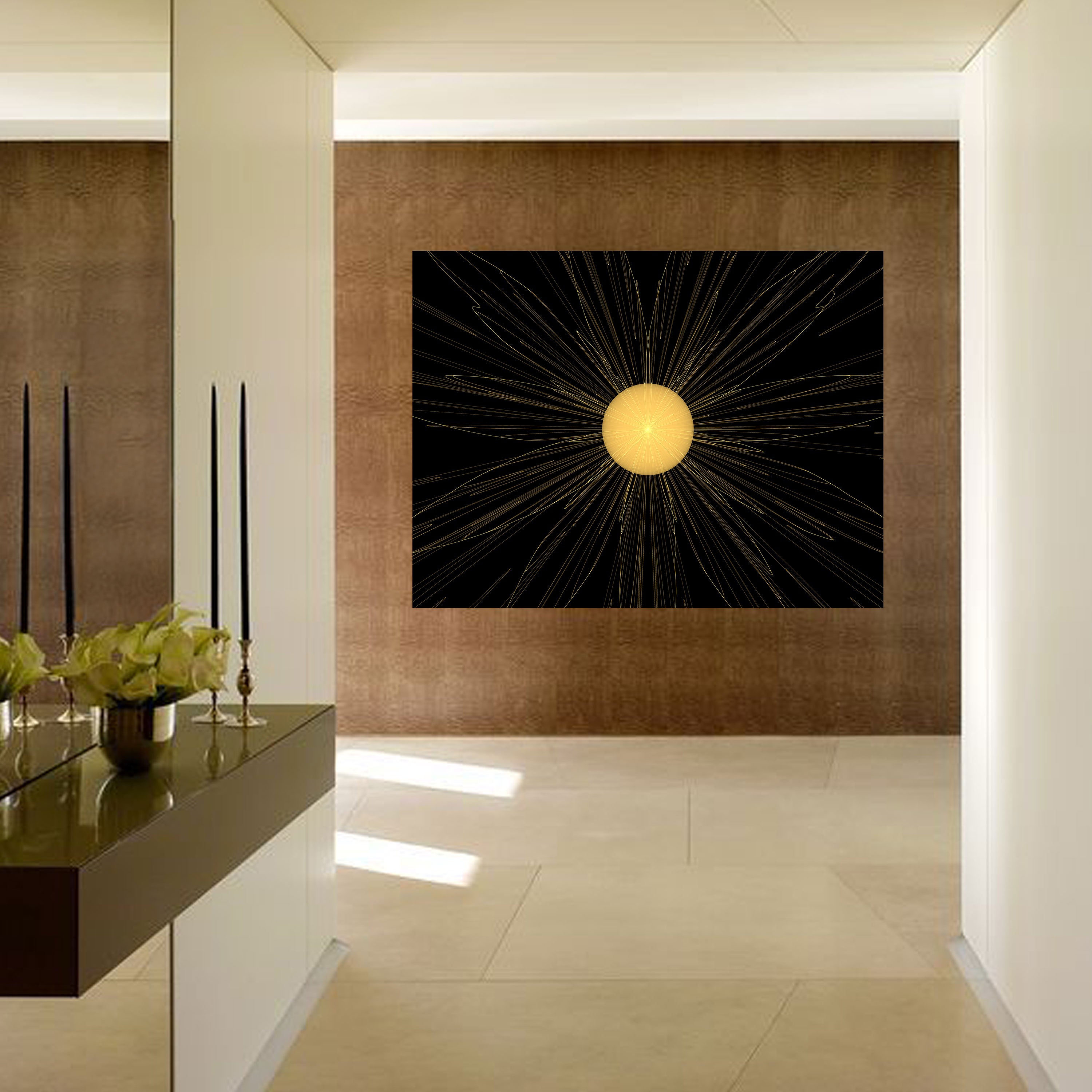 Celestial Radiance – Abstract Sunburst Art on Black | Cosmic Glow Wall Decor by Krutik.