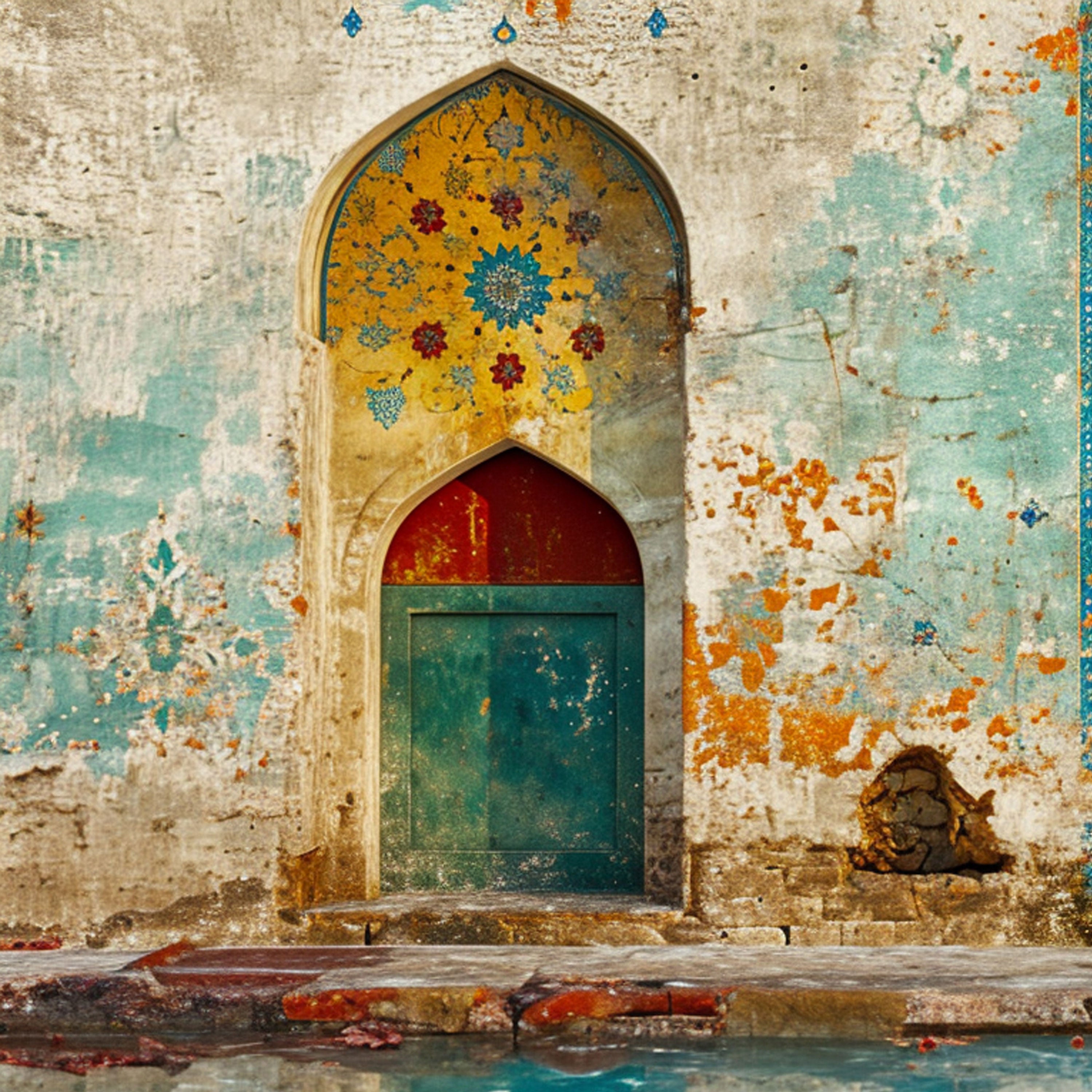 Echoes of the Wudu Wall – Vintage Islamic Door & Mosaic Art