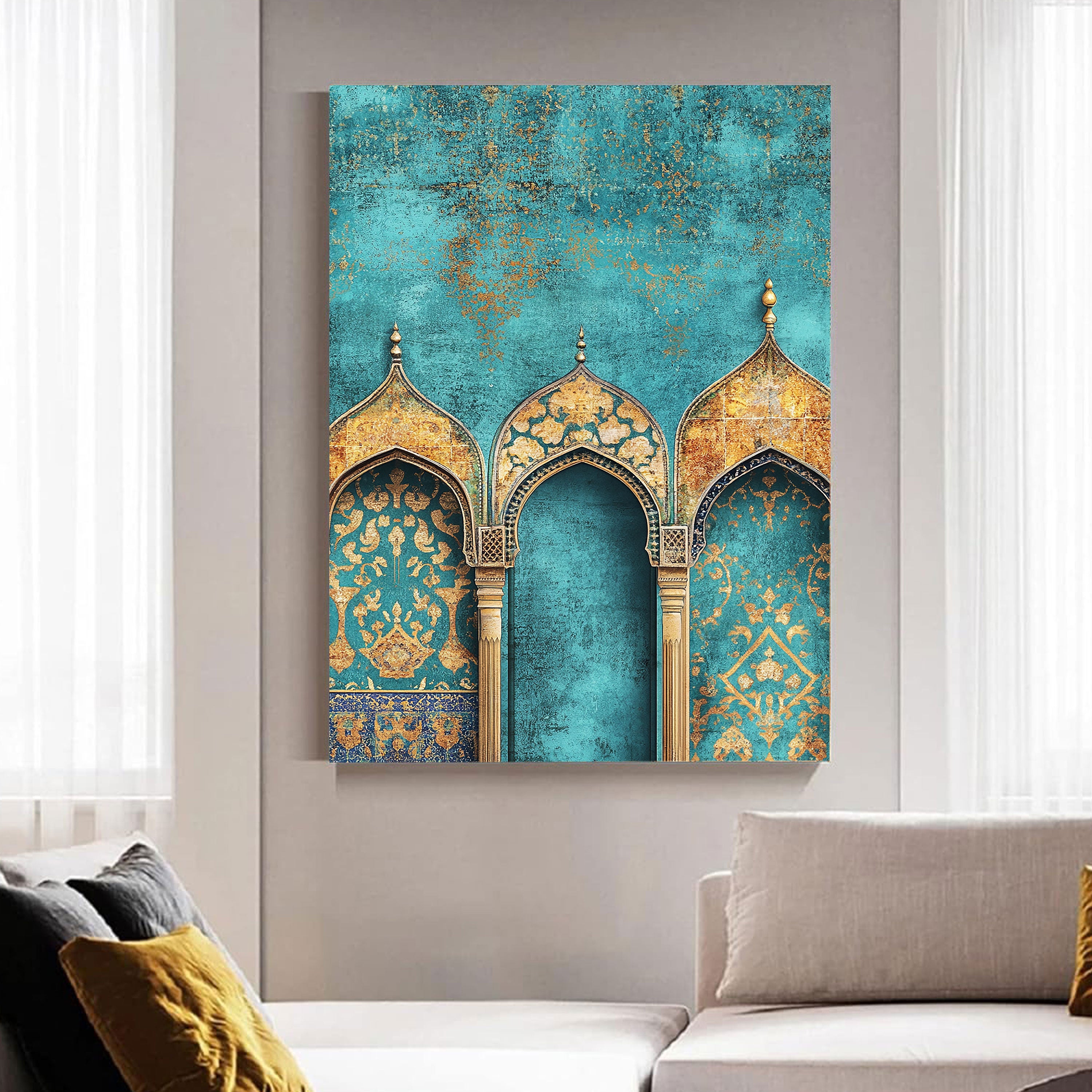 Sacred Trio – Golden Arch Islamic Wall Art in Turquoise.