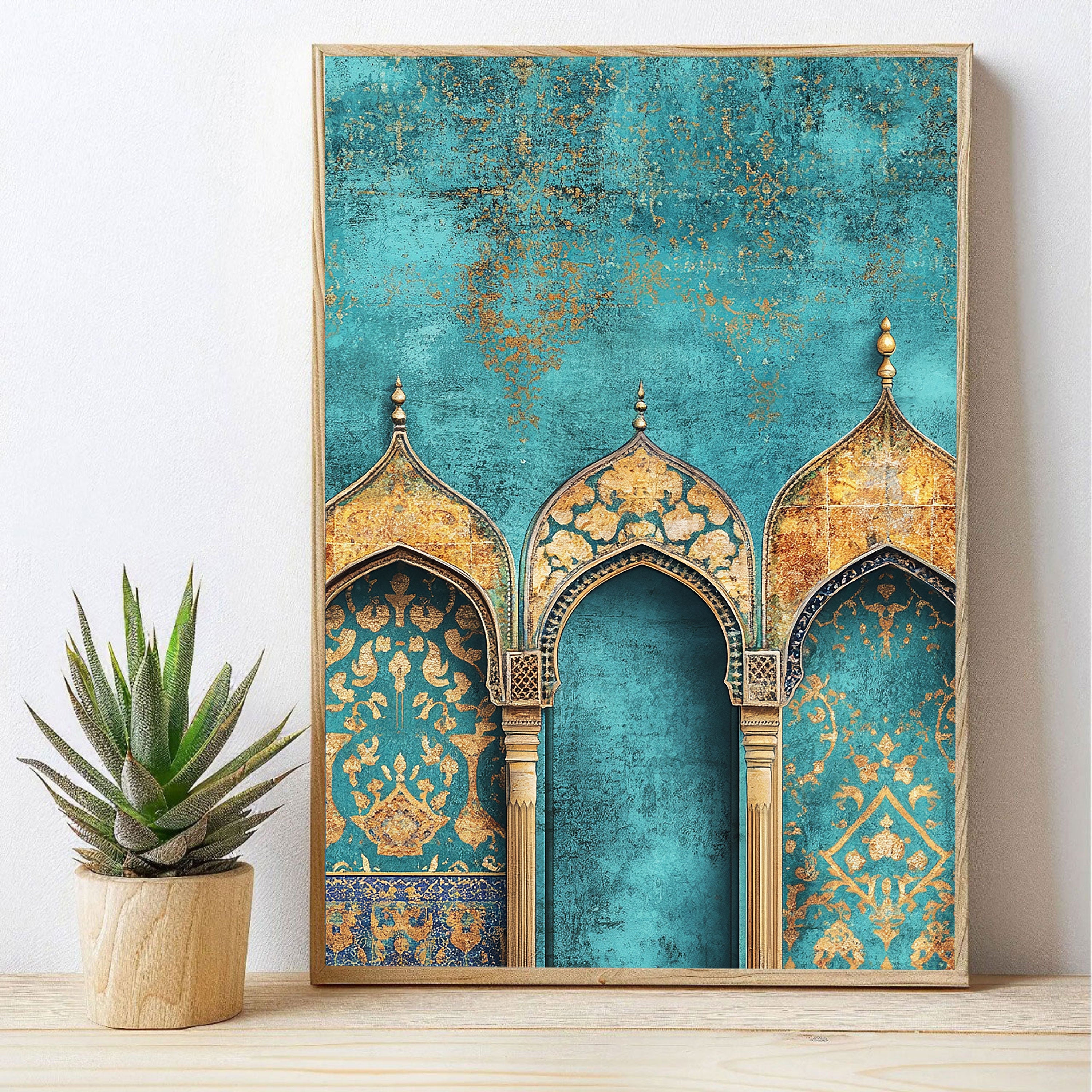 Sacred Trio – Golden Arch Islamic Wall Art in Turquoise.