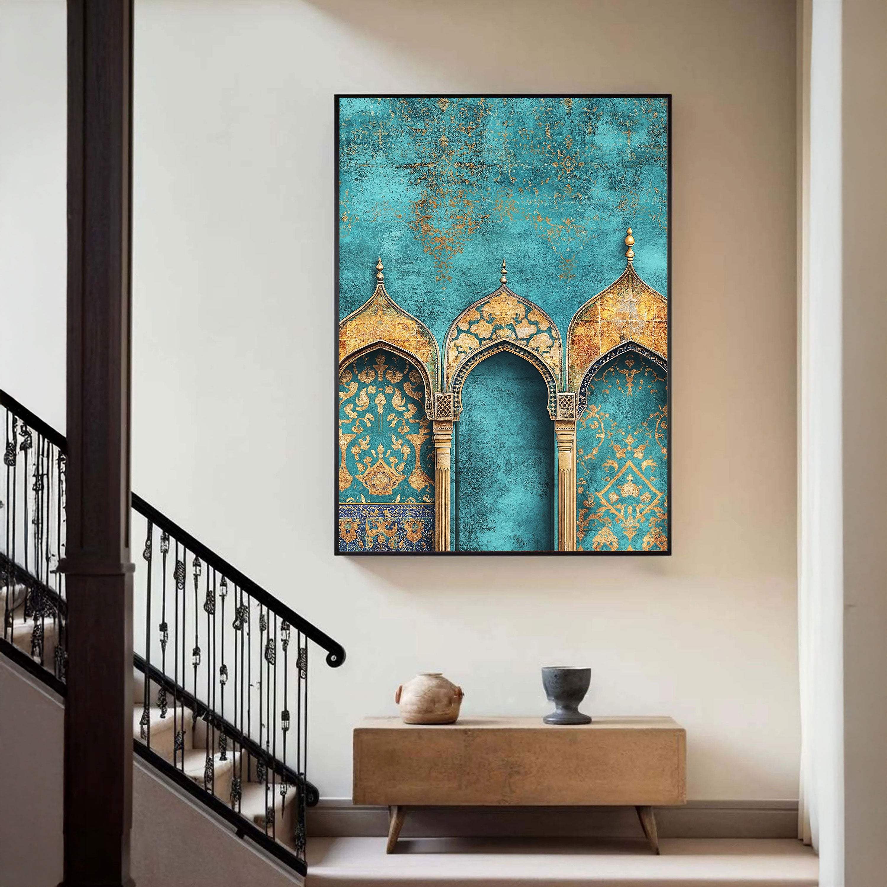 Sacred Trio – Golden Arch Islamic Wall Art in Turquoise.