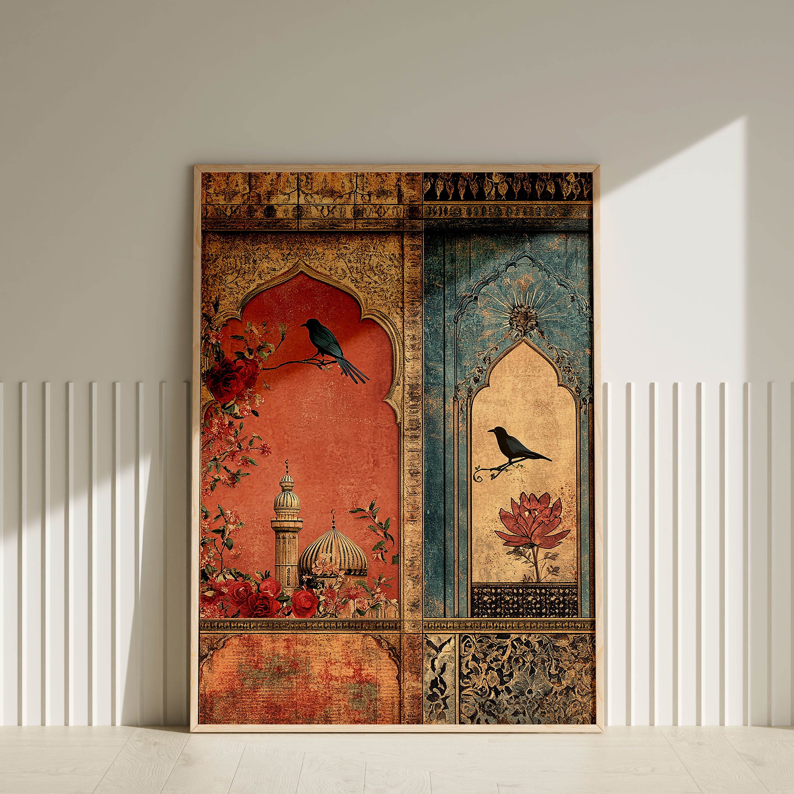 Verses on the Wall – Twin Panels of Mosque, Birds & Blossoms