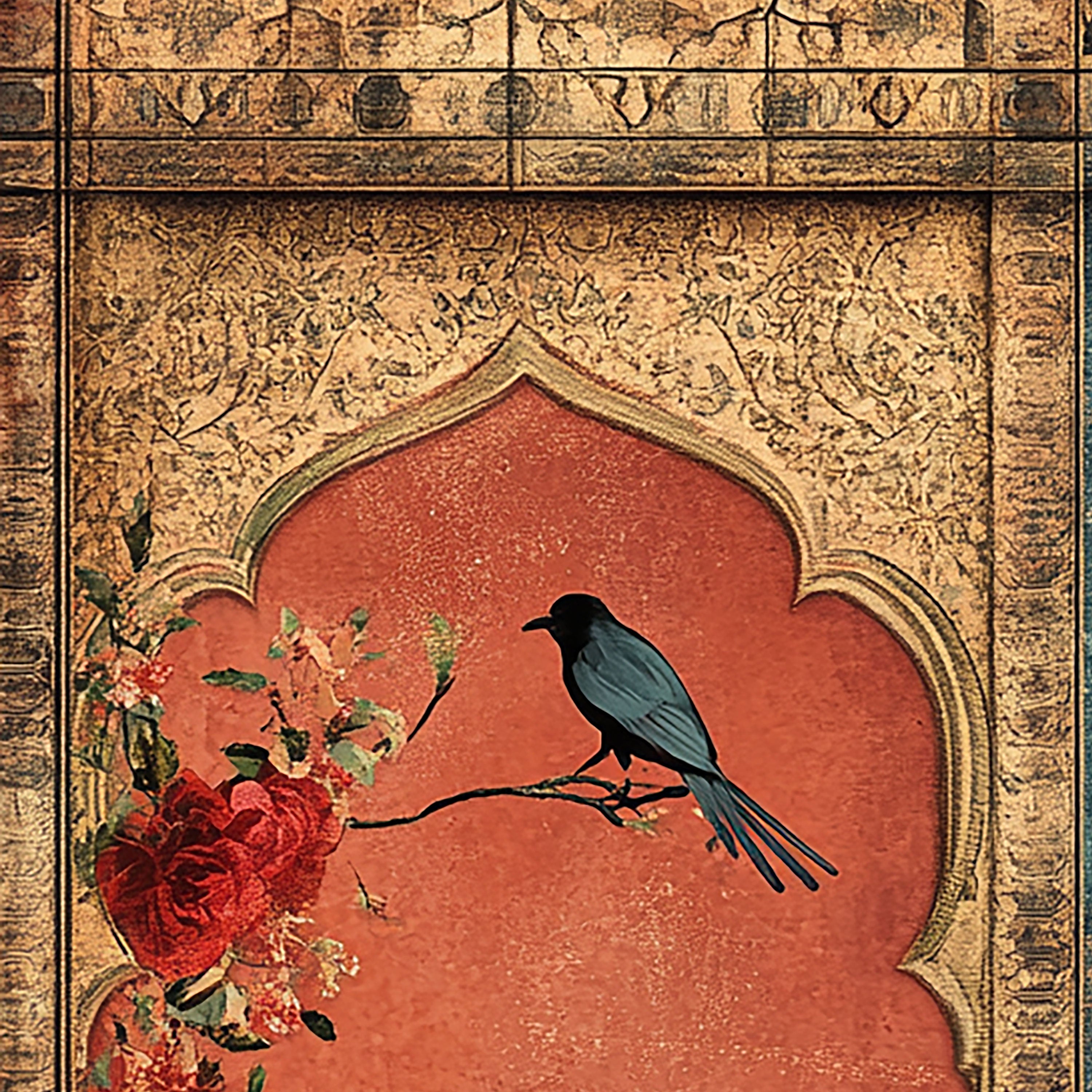 Verses on the Wall – Twin Panels of Mosque, Birds & Blossoms