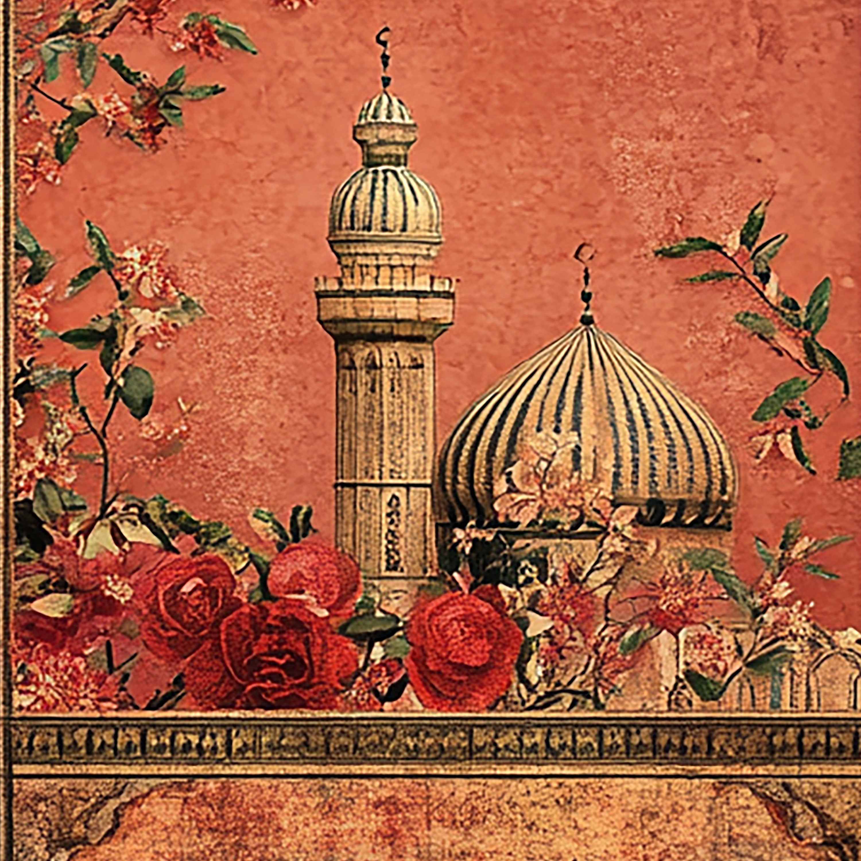 Verses on the Wall – Twin Panels of Mosque, Birds & Blossoms
