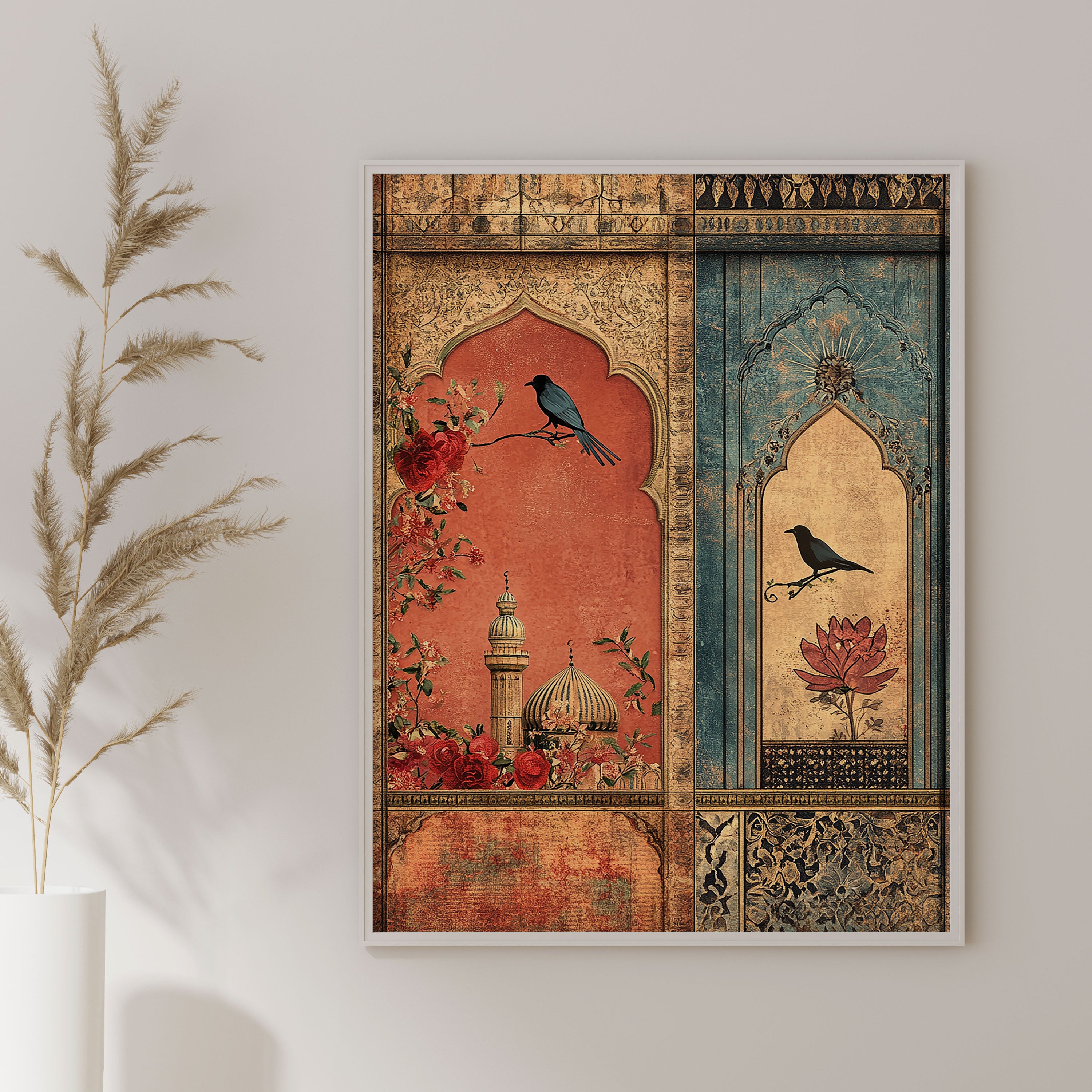 Verses on the Wall – Twin Panels of Mosque, Birds & Blossoms