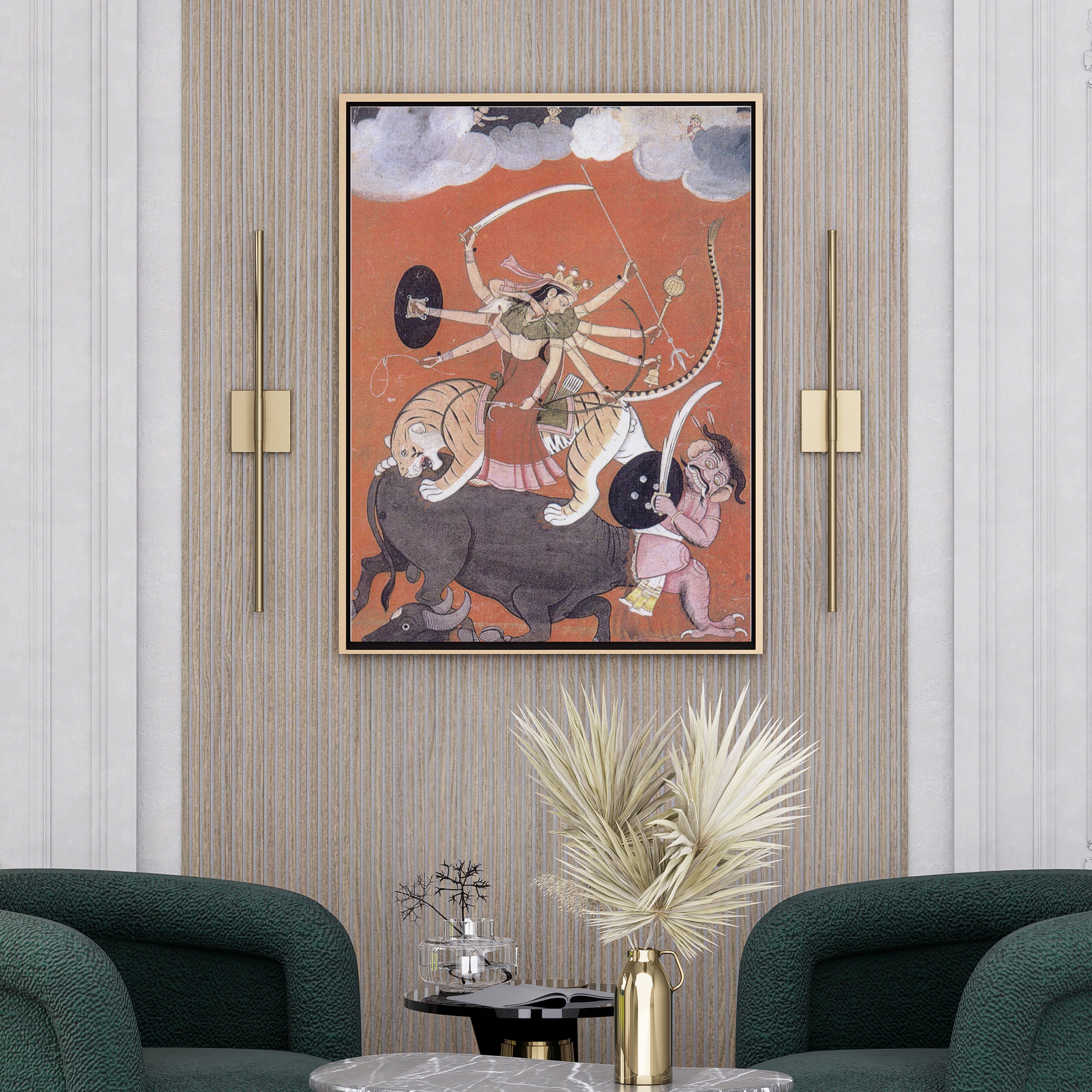Durga Slaying Mahishasura Painting by Krutik – Divine Strength Indian Art