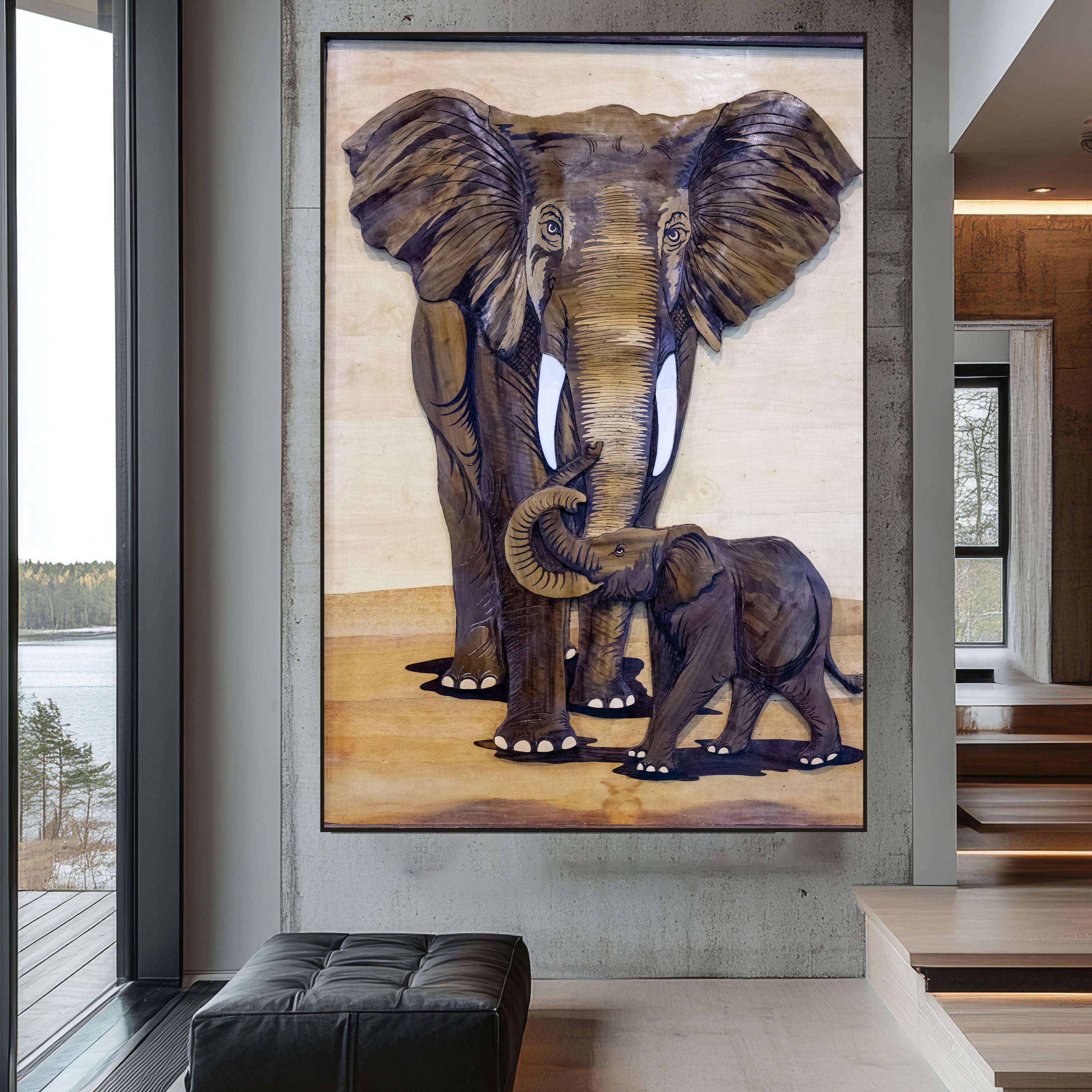 Elephant Family Canvas Painting – Symbolic Animal Wall Painting for Home.