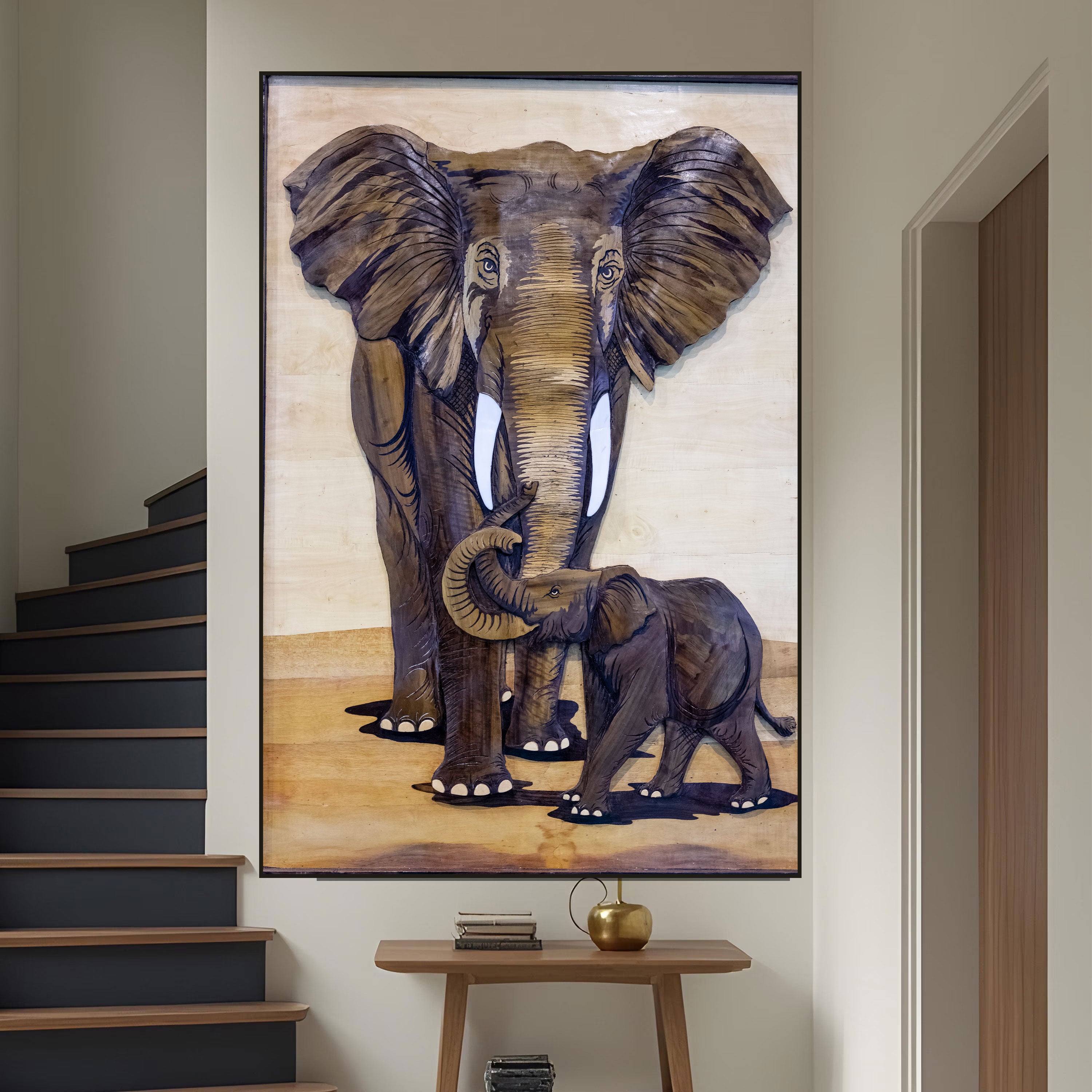 Elephant Family Canvas Painting – Symbolic Animal Wall Painting for Home.
