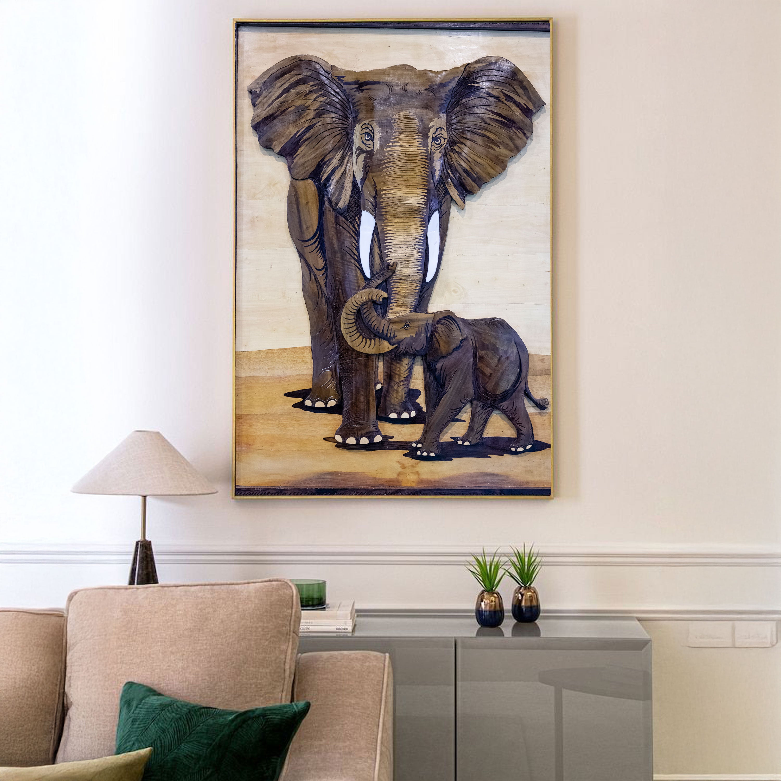 Elephant Family Canvas Painting – Symbolic Animal Wall Painting for Home.