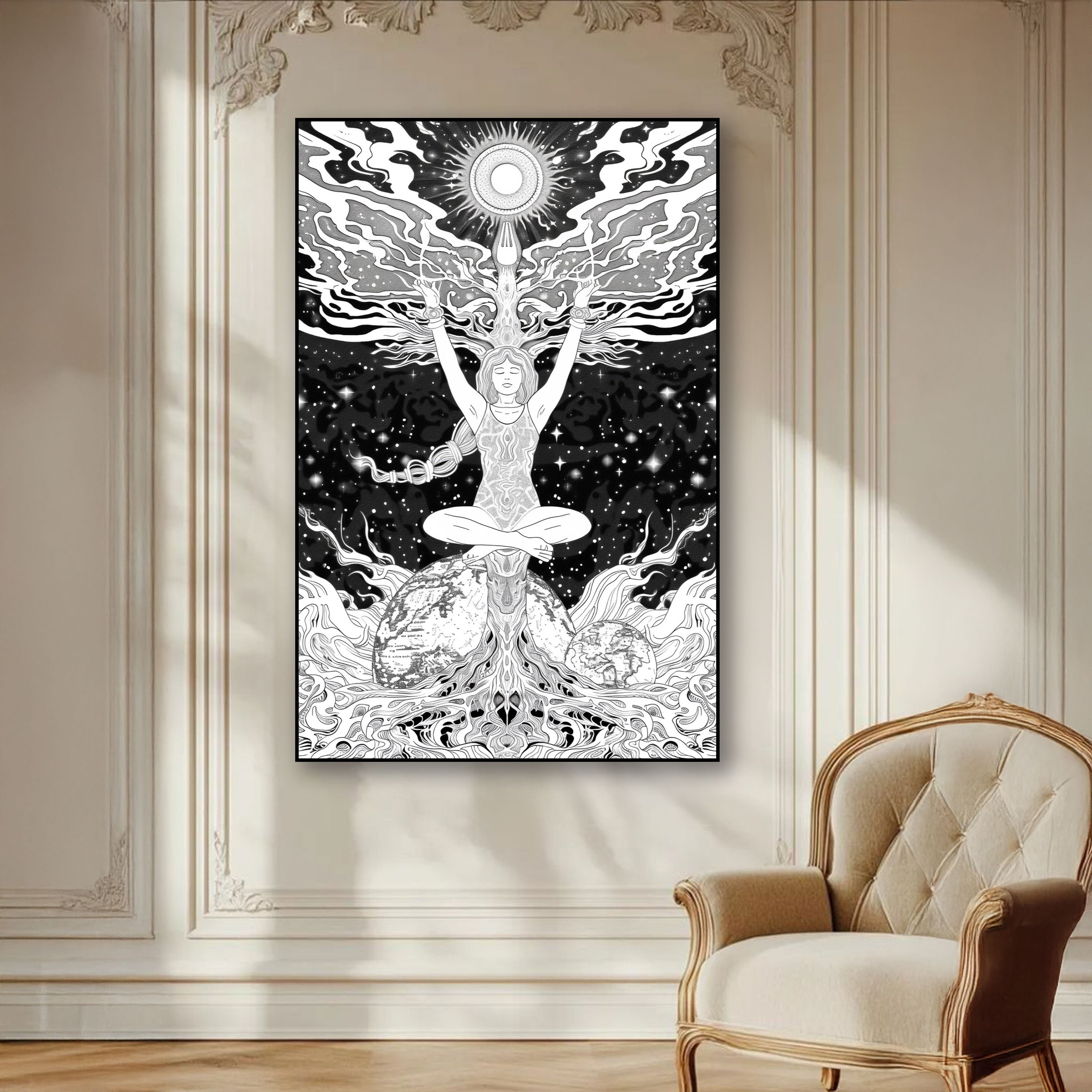 Feminine Cosmic Energy Canvas Painting – Mystical Meditation Wall Art for Home.