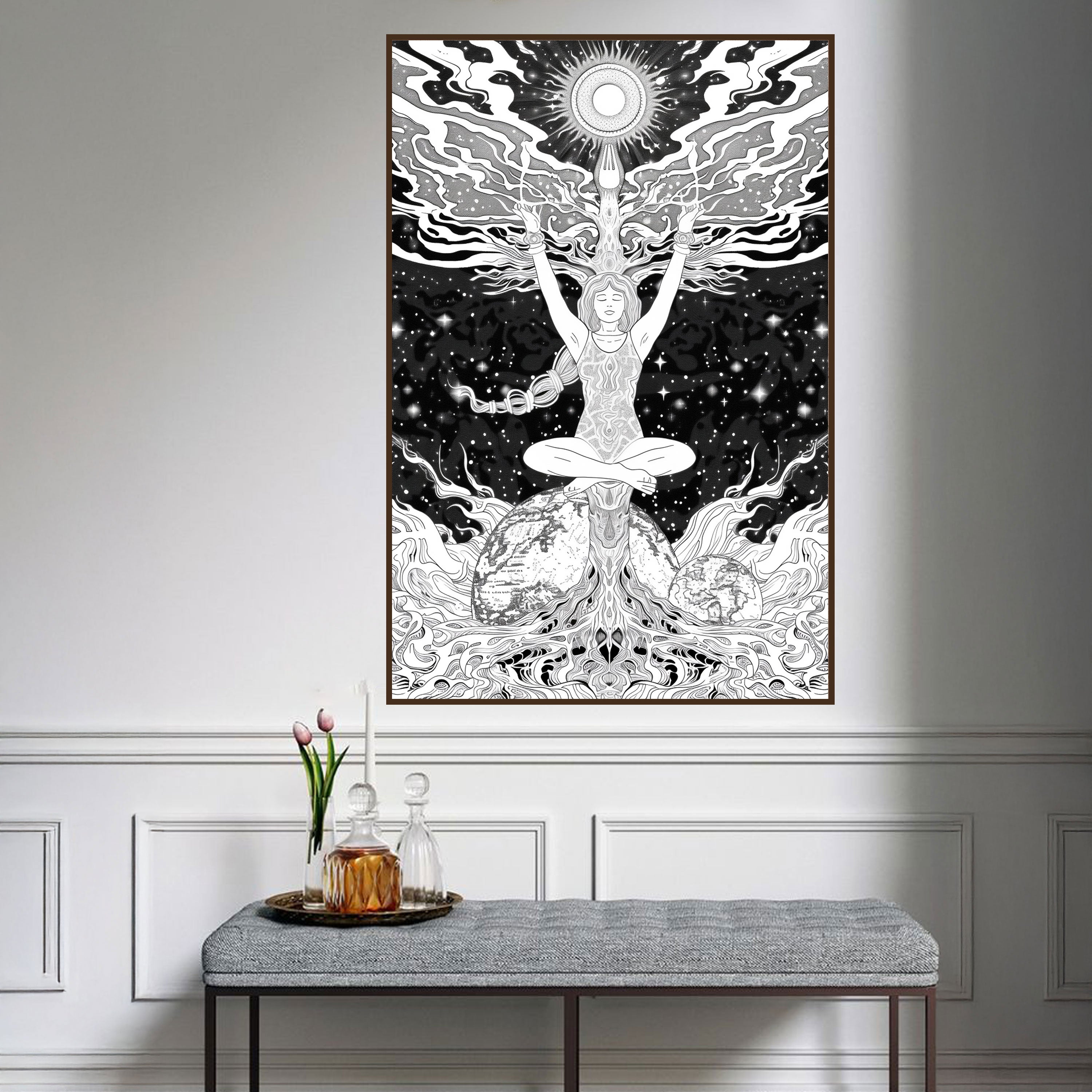 Feminine Cosmic Energy Canvas Painting – Mystical Meditation Wall Art for Home.