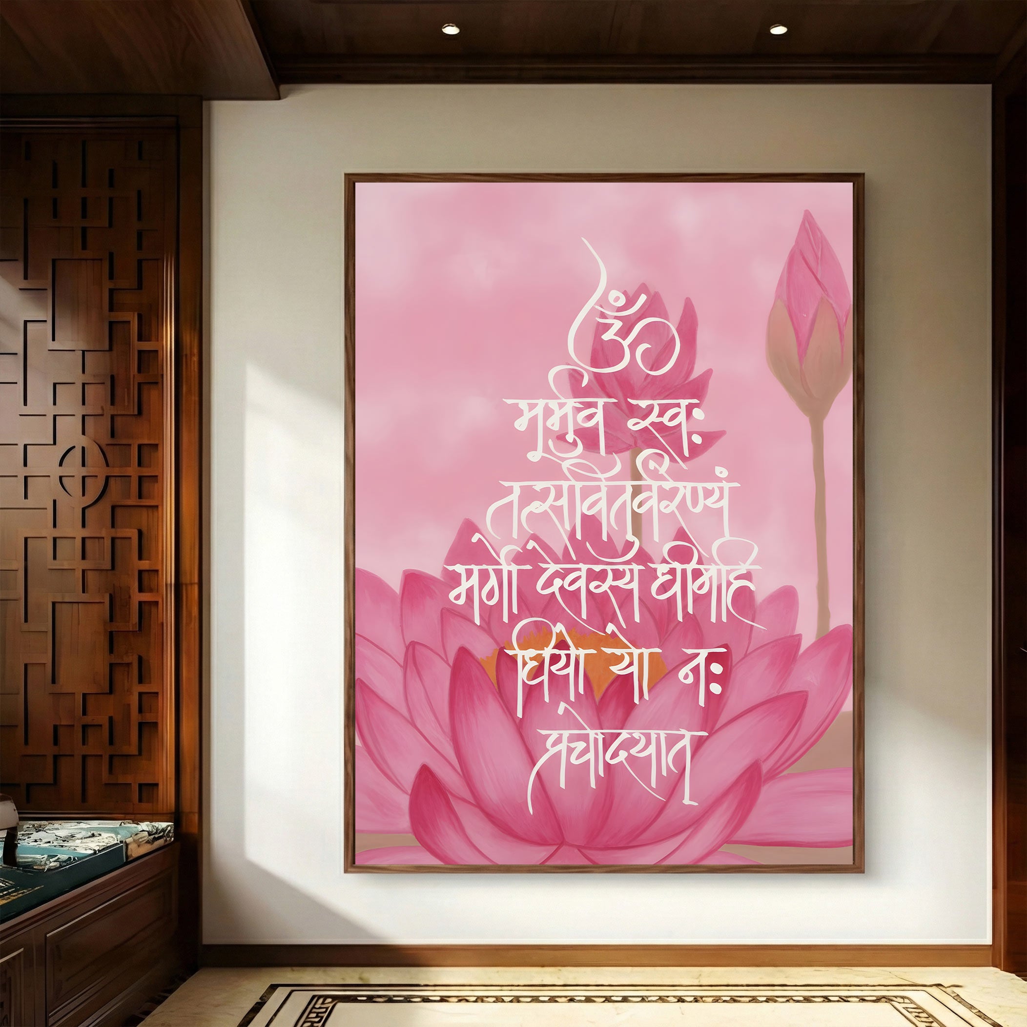 Gayatri Mantra Canvas Wall Painting – Serene Pink Lotus by krutik