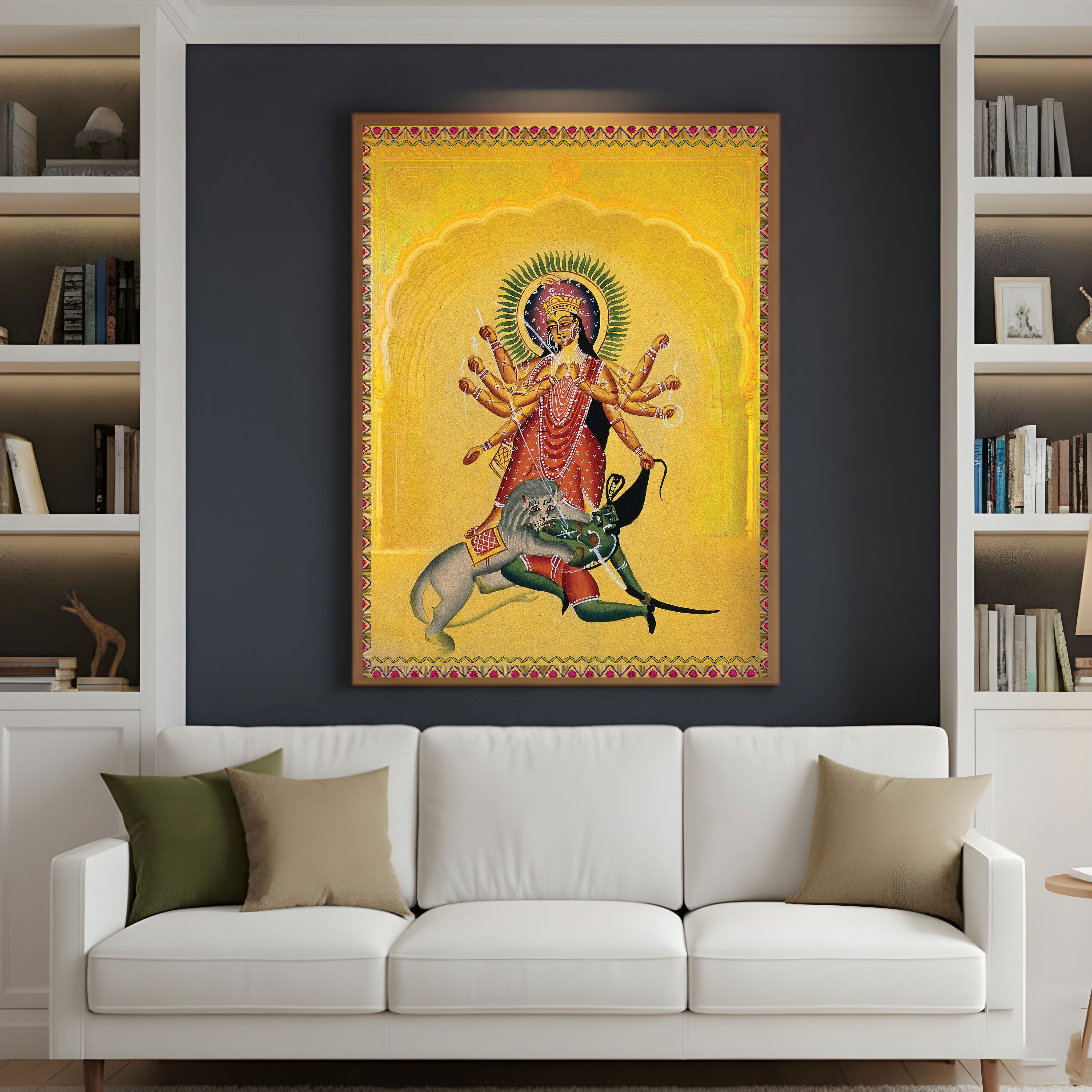 Goddess Durga Victory Wall Art by Krutik – Divine Strength Indian Painting