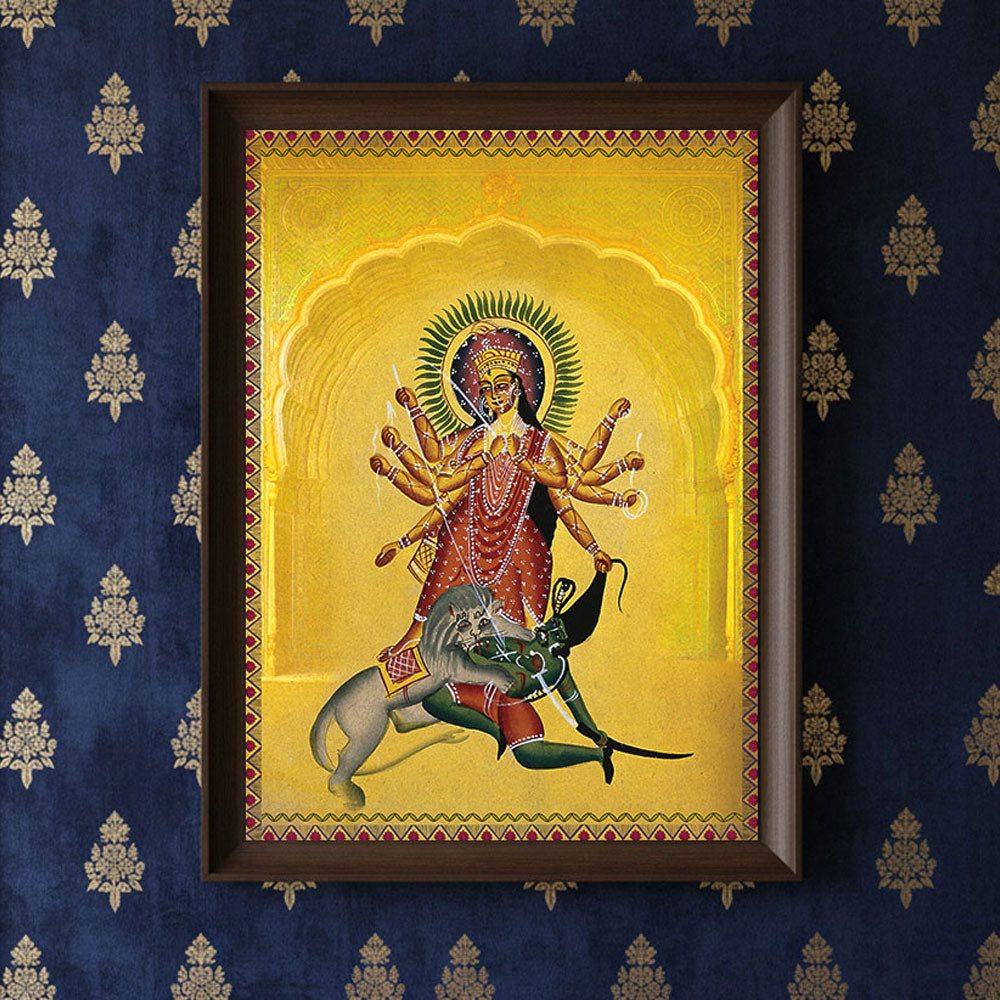 Goddess Durga Victory Wall Art by Krutik – Divine Strength Indian Painting