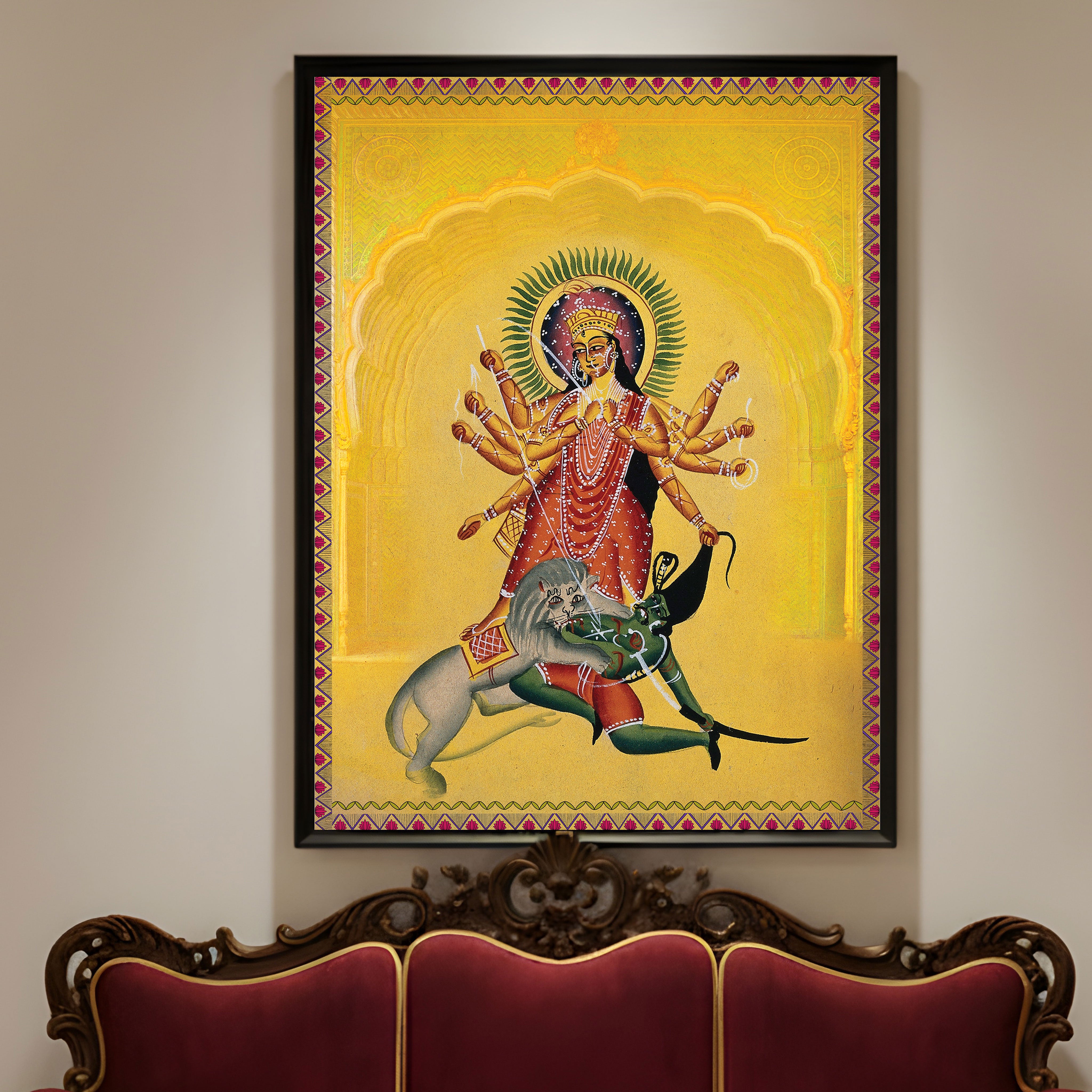 Goddess Durga Victory Wall Art by Krutik – Divine Strength Indian Painting