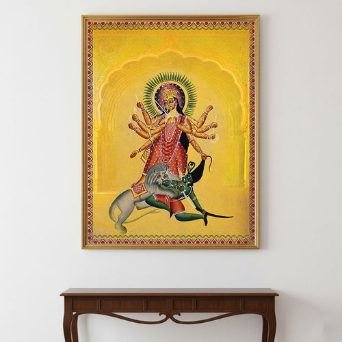 Goddess Durga Victory Wall Art by Krutik – Divine Strength Indian Painting