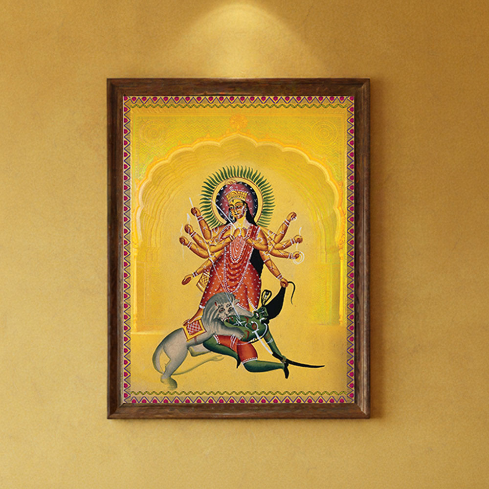 Goddess Durga Victory Wall Art by Krutik – Divine Strength Indian Painting