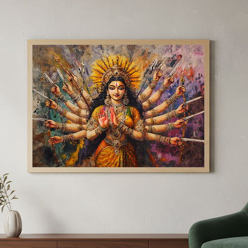 Goddess Durga Power Wall Art by Krutik – Vibrant Indian Divine Painting