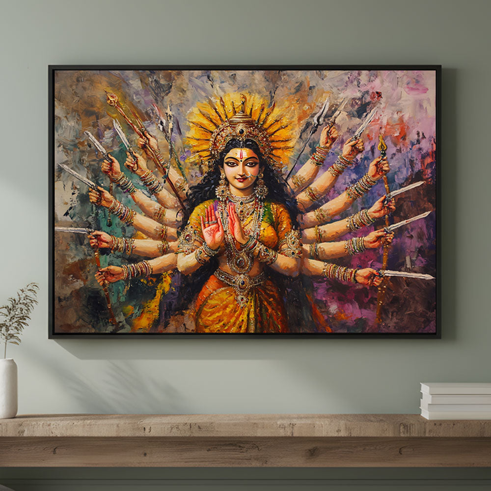 Goddess Durga Power Wall Art by Krutik – Vibrant Indian Divine Painting