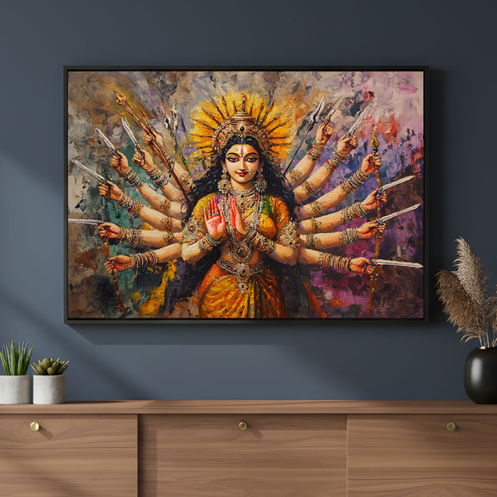 Goddess Durga Power Wall Art by Krutik – Vibrant Indian Divine Painting