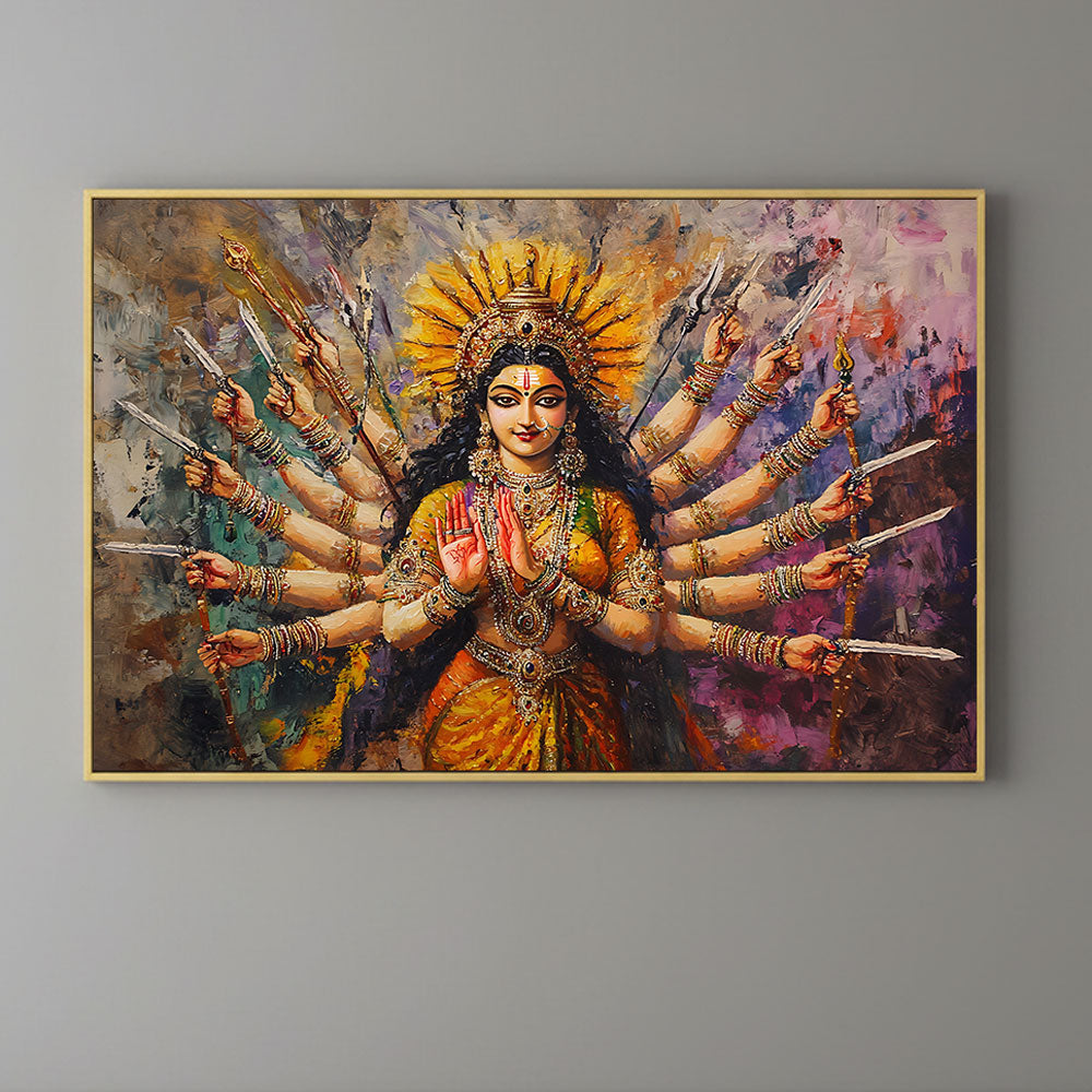 Goddess Durga Power Wall Art by Krutik – Vibrant Indian Divine Painting
