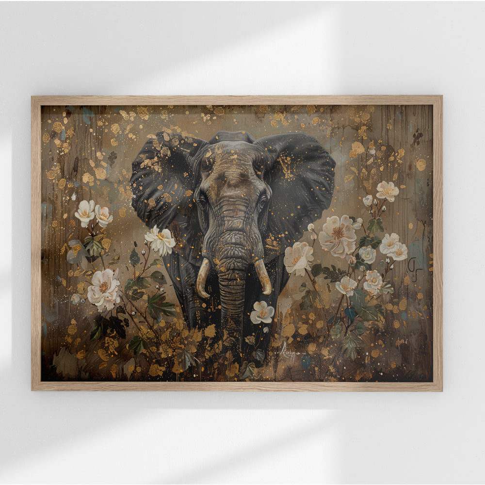 Majestic Elephant and Floral Gold Painting by Krutik – Modern Abstract Wall Art