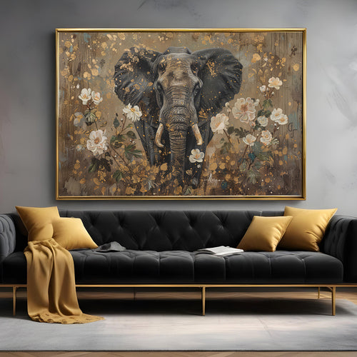 Majestic Elephant and Floral Gold Painting by Krutik – Modern Abstract Wall Art