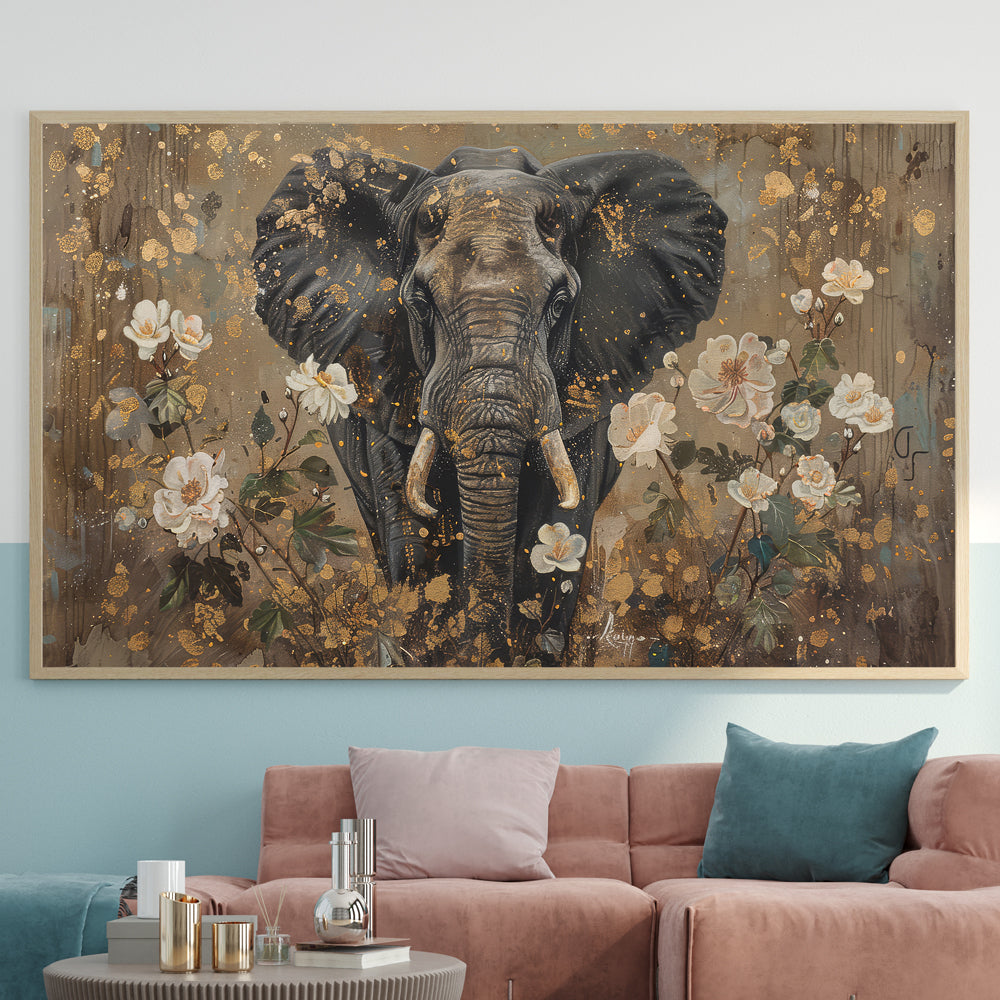 Majestic Elephant and Floral Gold Painting by Krutik – Modern Abstract Wall Art