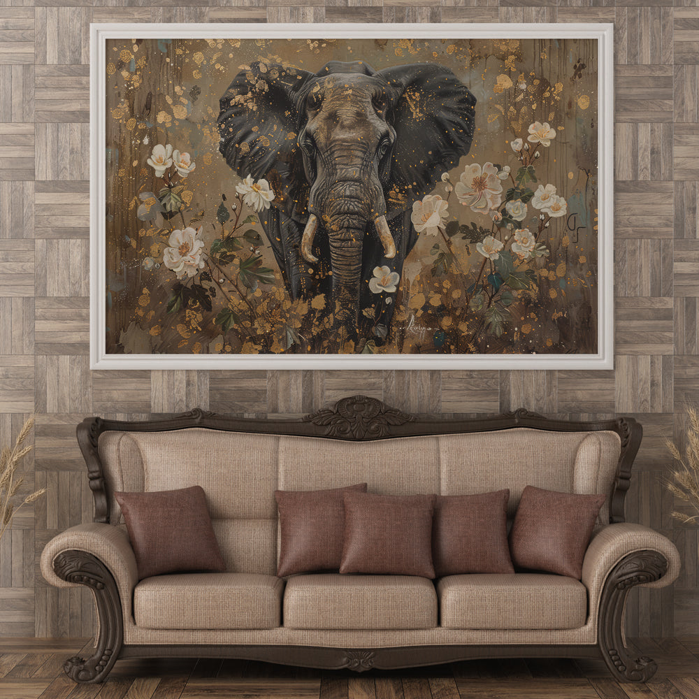 Majestic Elephant and Floral Gold Painting by Krutik – Modern Abstract Wall Art