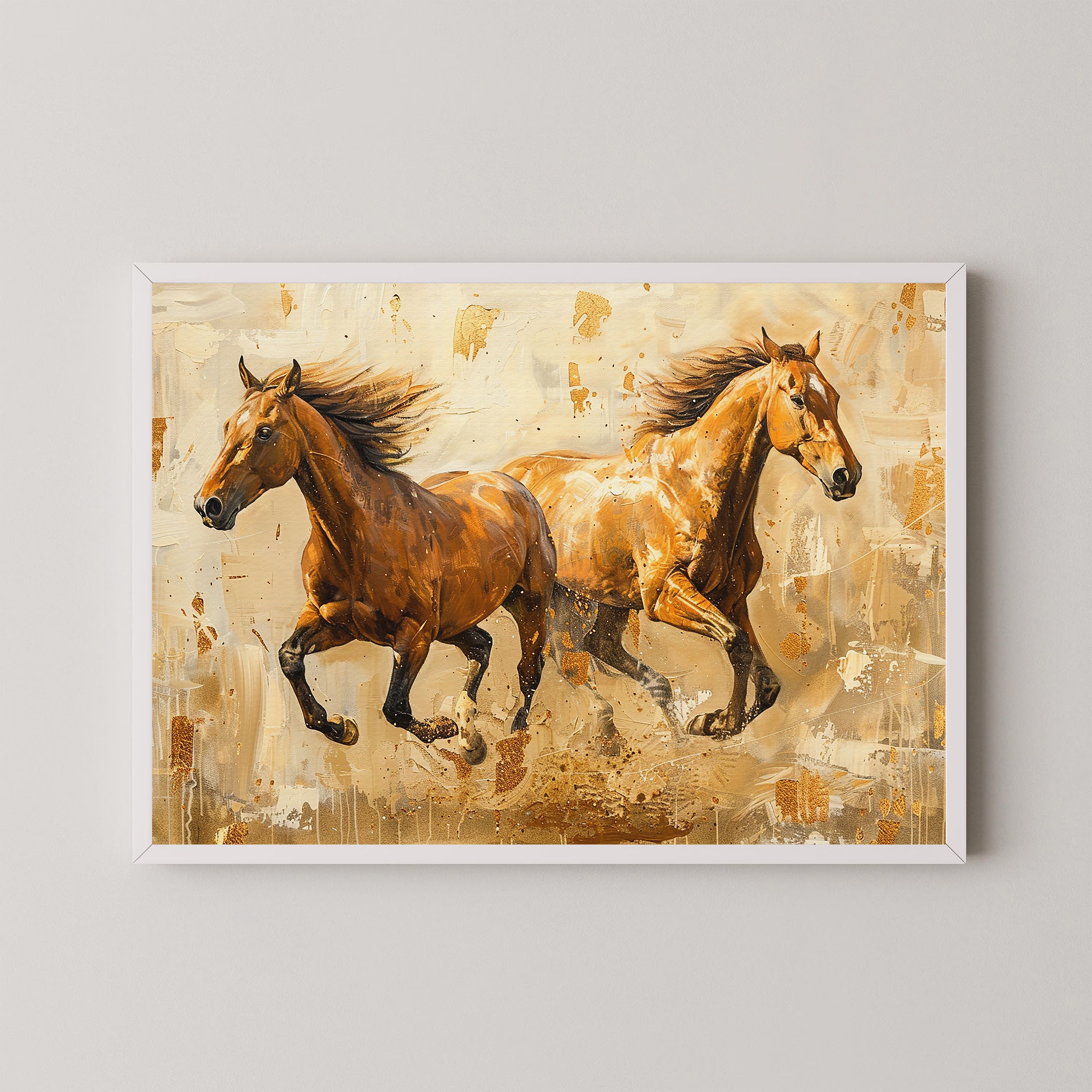 Golden Horses Running Painting by Krutik – Modern Equestrian Wall Art